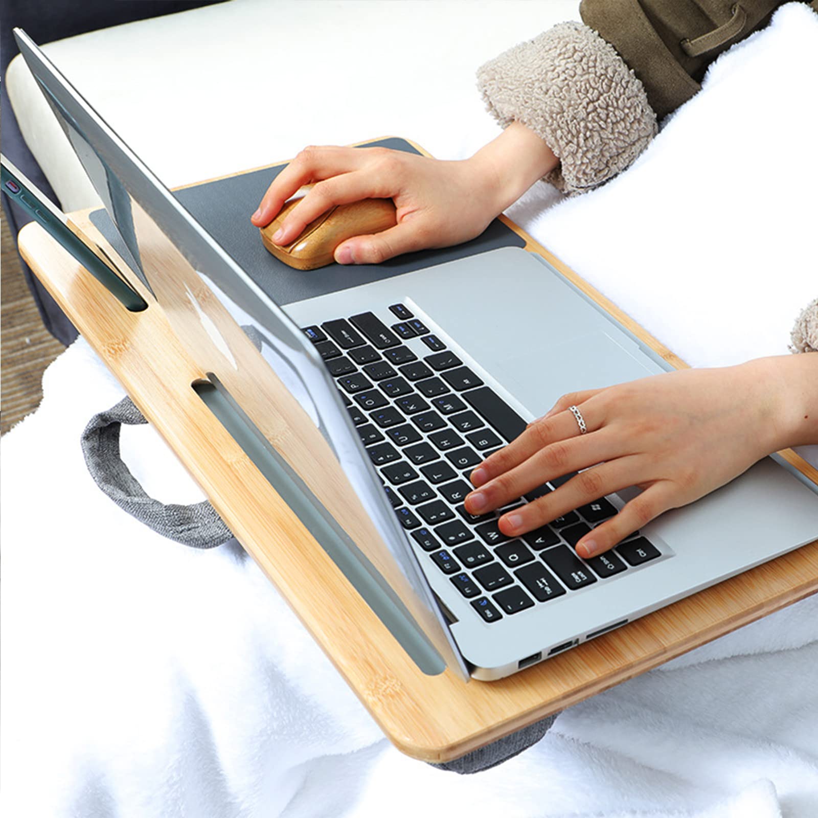 SUMISKY Portable Bamboo Laptop Lap Desk with Cushion - Oversized 17-Inch Laptop Stand with Handle, Tablet Support, Phone Holder & Mouse Pad - Perfect for Working on Sofa, Bed or Floor