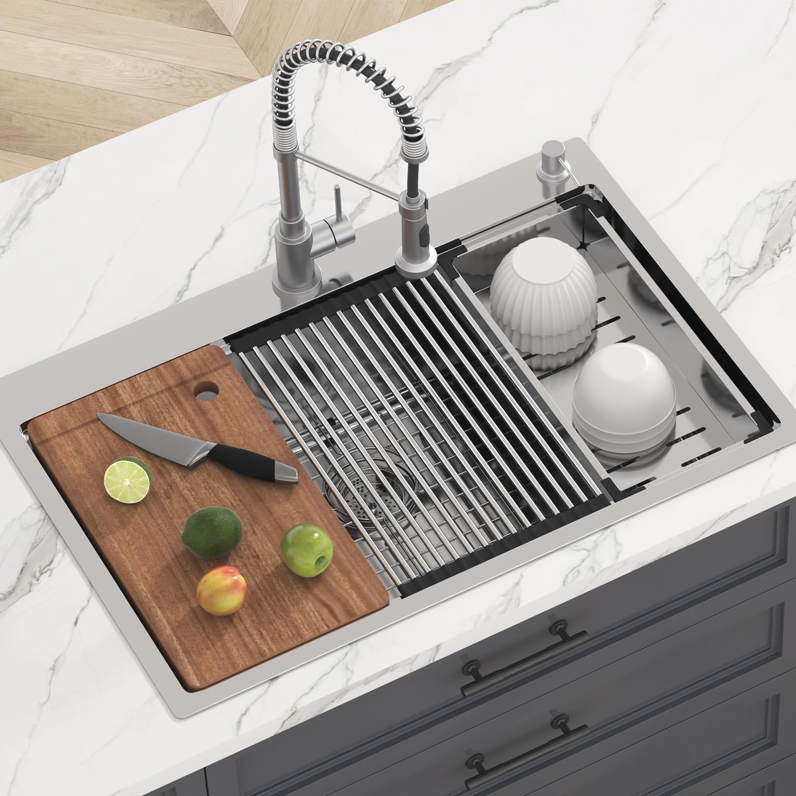 VEVOR 33 Inch 304 Stainless Steel Drop-In Kitchen Sink - Single Bowl Top Mount Sink with Drainboard & Accessories - Perfect for Home Kitchen, RV, Bar Prep & Dishwashing Station - Durable Workstation Sink for Commercial & Residential Use