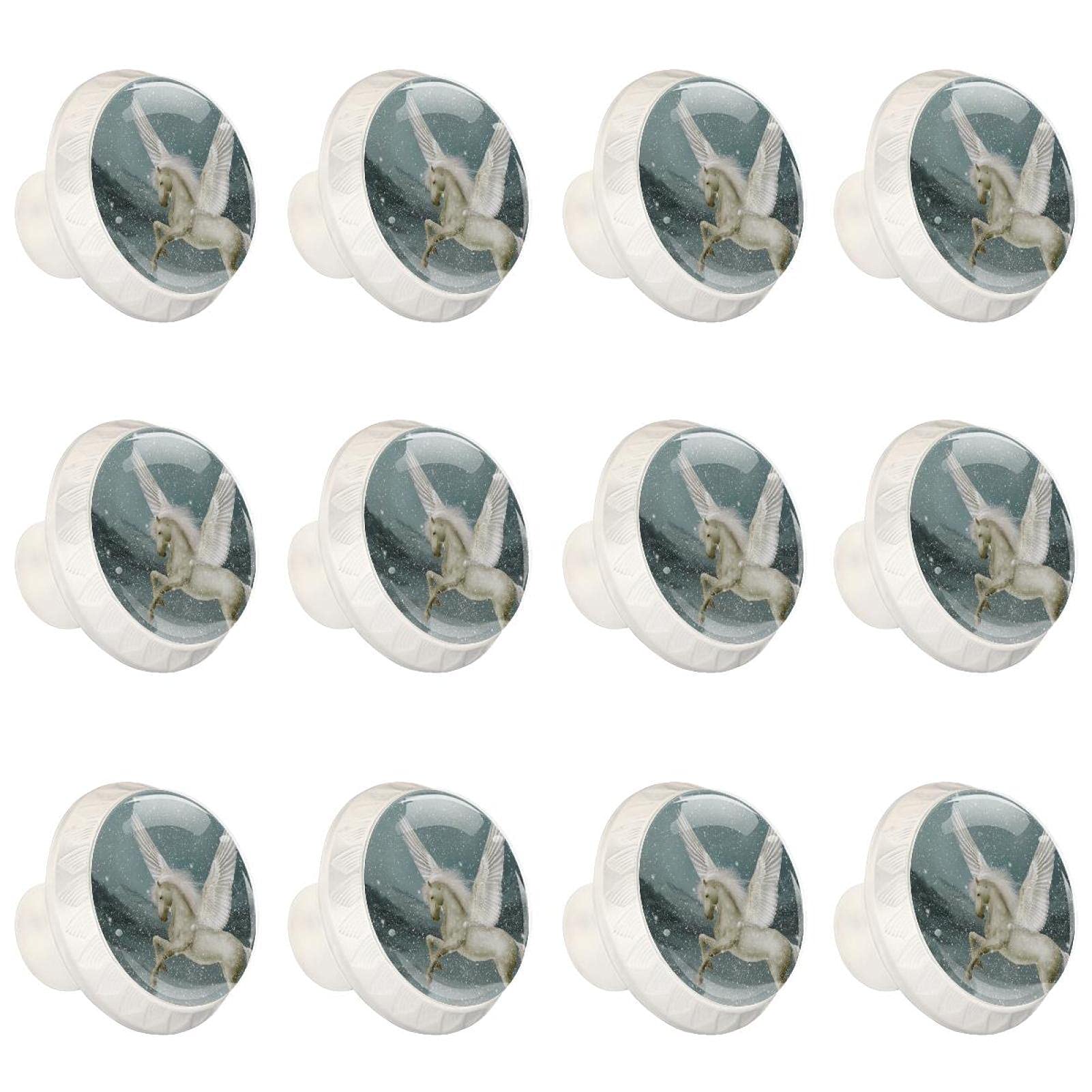 Pegasus Unicorn Crystal Glass Cabinet Knobs - Set of 12 Round Drawer Pulls for Kitchen Cupboard, Dresser, Wardrobe - Elegant Hardware Upgrade for Home Decor & Furniture Renovation