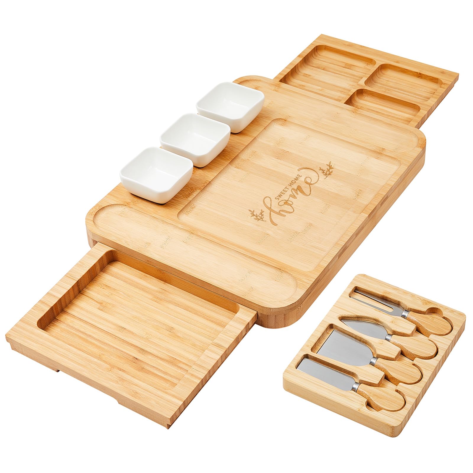 SWEET HOME Premium Wooden Cheese Board & Knife Set - Large Charcuterie Serving Tray for Entertaining, Housewarming Gifts, Wedding Presents | Perfect for Dinner Parties, Wine Tastings & Holiday Gatherings