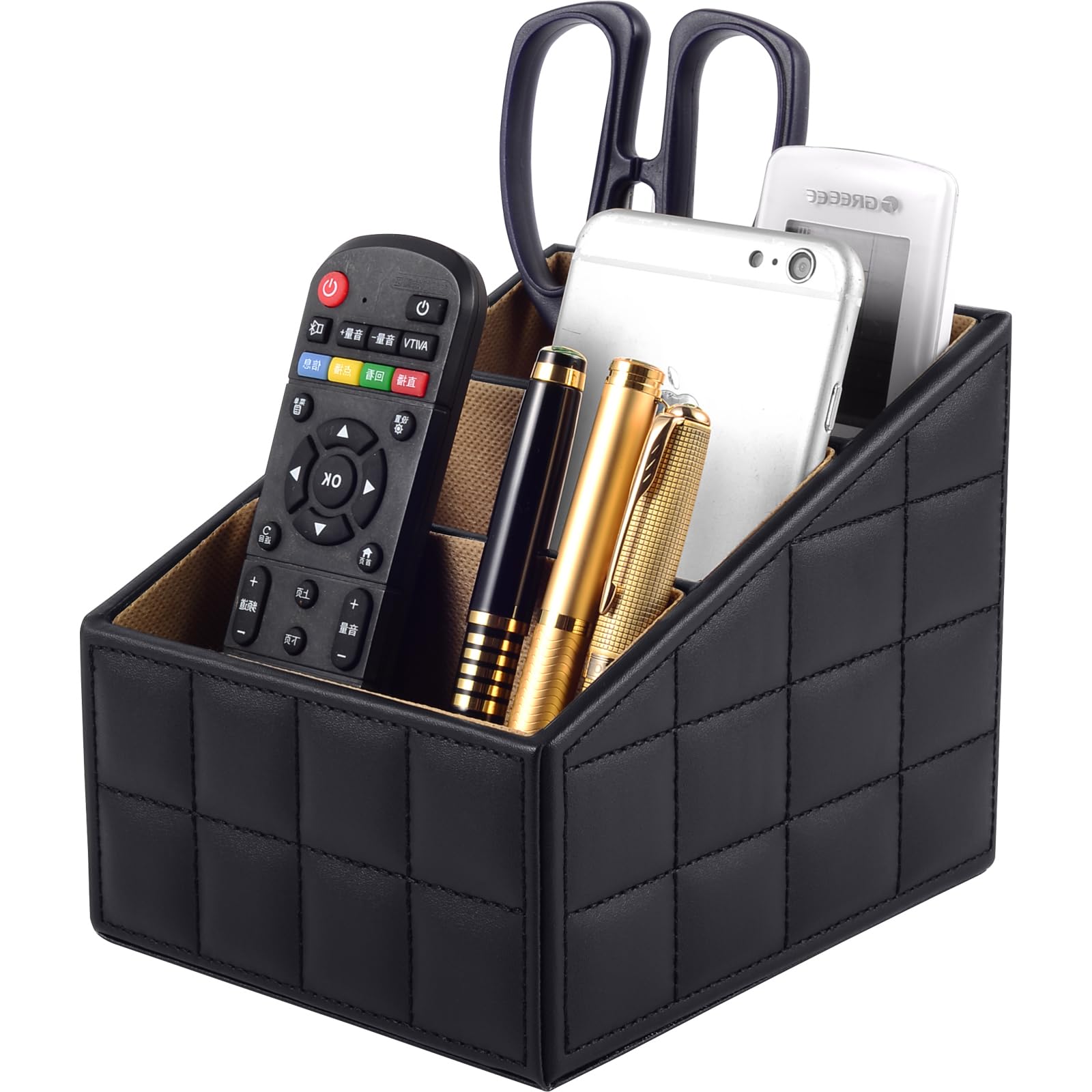 XNONE Leather Remote Control Organizer with 3 Compartments - Multifunctional Nightstand & Desk Organizer for Pens, Glasses, Phones, Makeup - Black Line Design (Perfect for Home Office, Bedroom & Living Room Organization)
