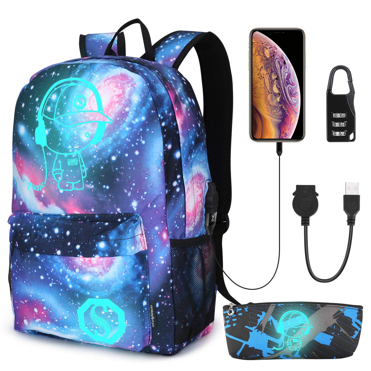 Galaxy Backpack for School & College - Anime Luminous Anti-Theft Laptop Backpack with USB Charging Port - Perfect for Students, Travel & Daily Commute
