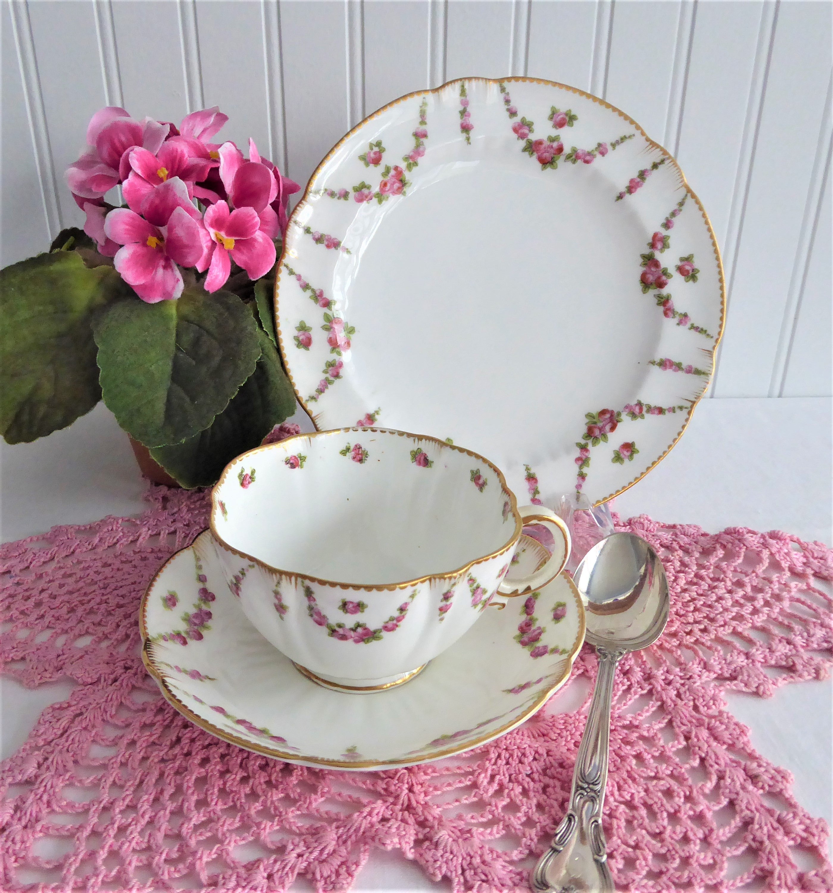 Antique George Jones Crescent Rose Swags Teacup Trio - Cup, Saucer & Plate Set, 1890s Vintage Fine China for Afternoon Tea & Collectors