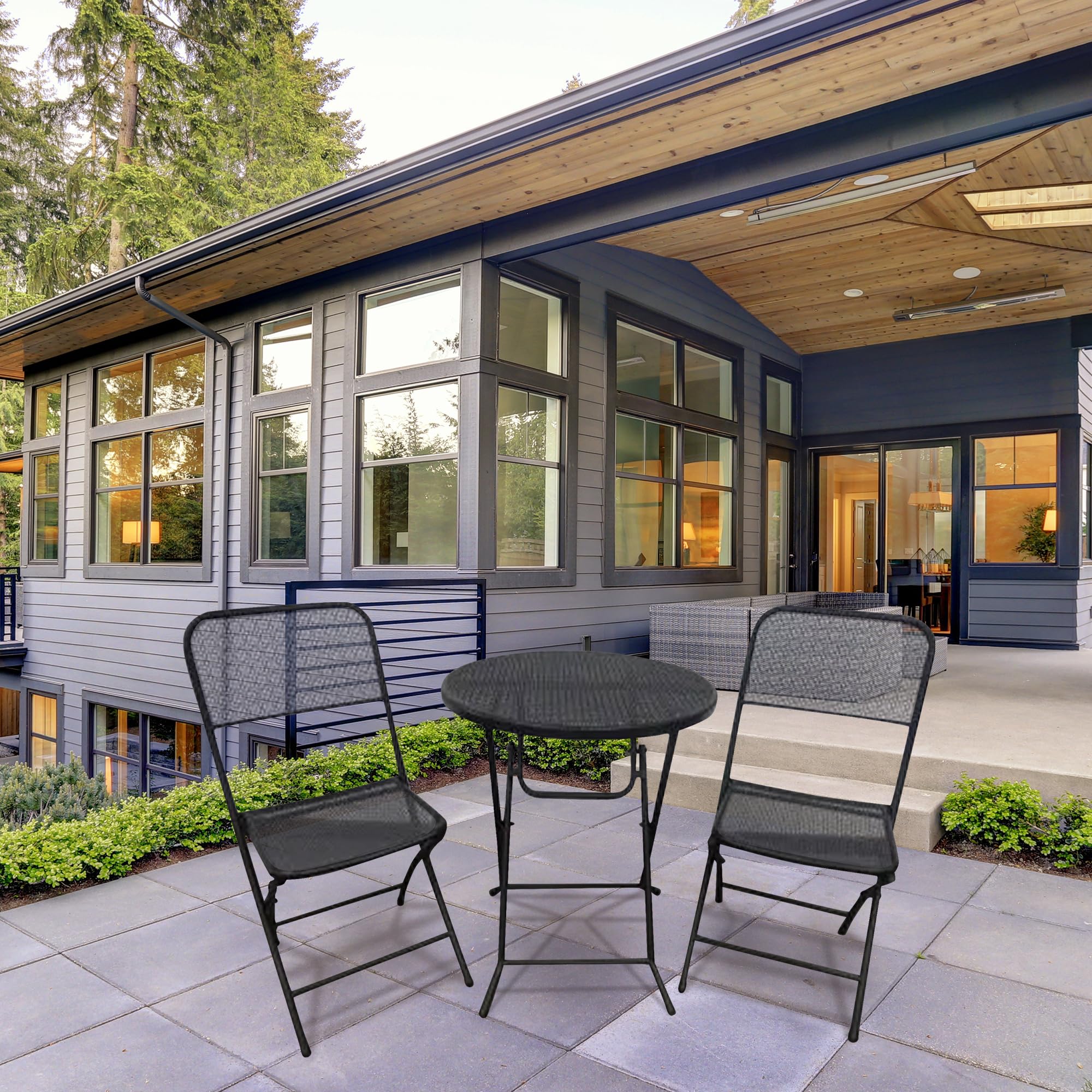 Padova 3-Piece Outdoor Bistro Set with 2 Folding Chairs & Round Table - Black Patio Furniture for Backyard, Deck or Garden Dining | Perfect for Small Spaces & Outdoor Entertaining