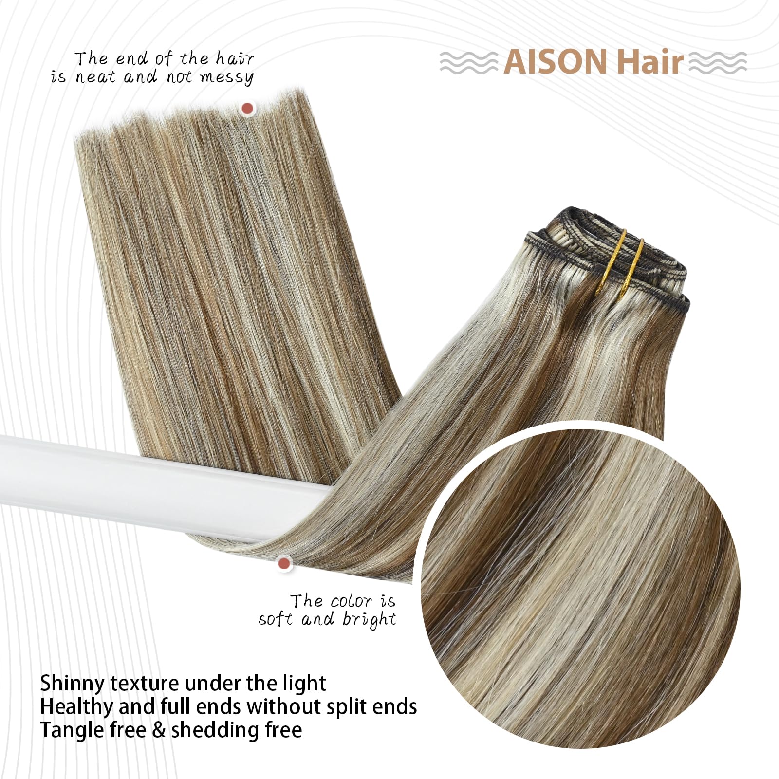 Aison Clip-in Human Hair Extensions 70g Light Brown to Blonde Highlights - 100% Remy Human Hair, Straight 7-Piece Set with 16 Clips (15 Inch #6P613) - Perfect for Daily Styling, Parties & Special Occasions