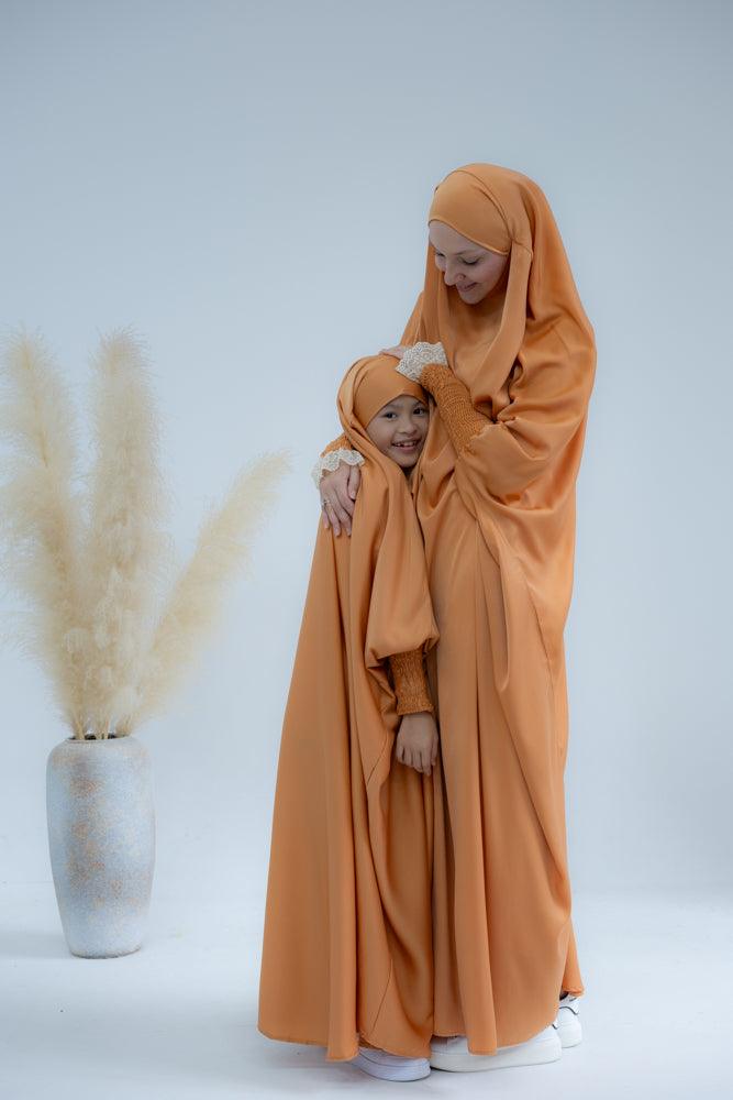 Little Gretaah Khimar Style Prayer Gown for Kids - Orange Islamic Dress with Ribbed Sleeve Cuffs - Perfect for Eid, Mosque & Religious Ceremonies
