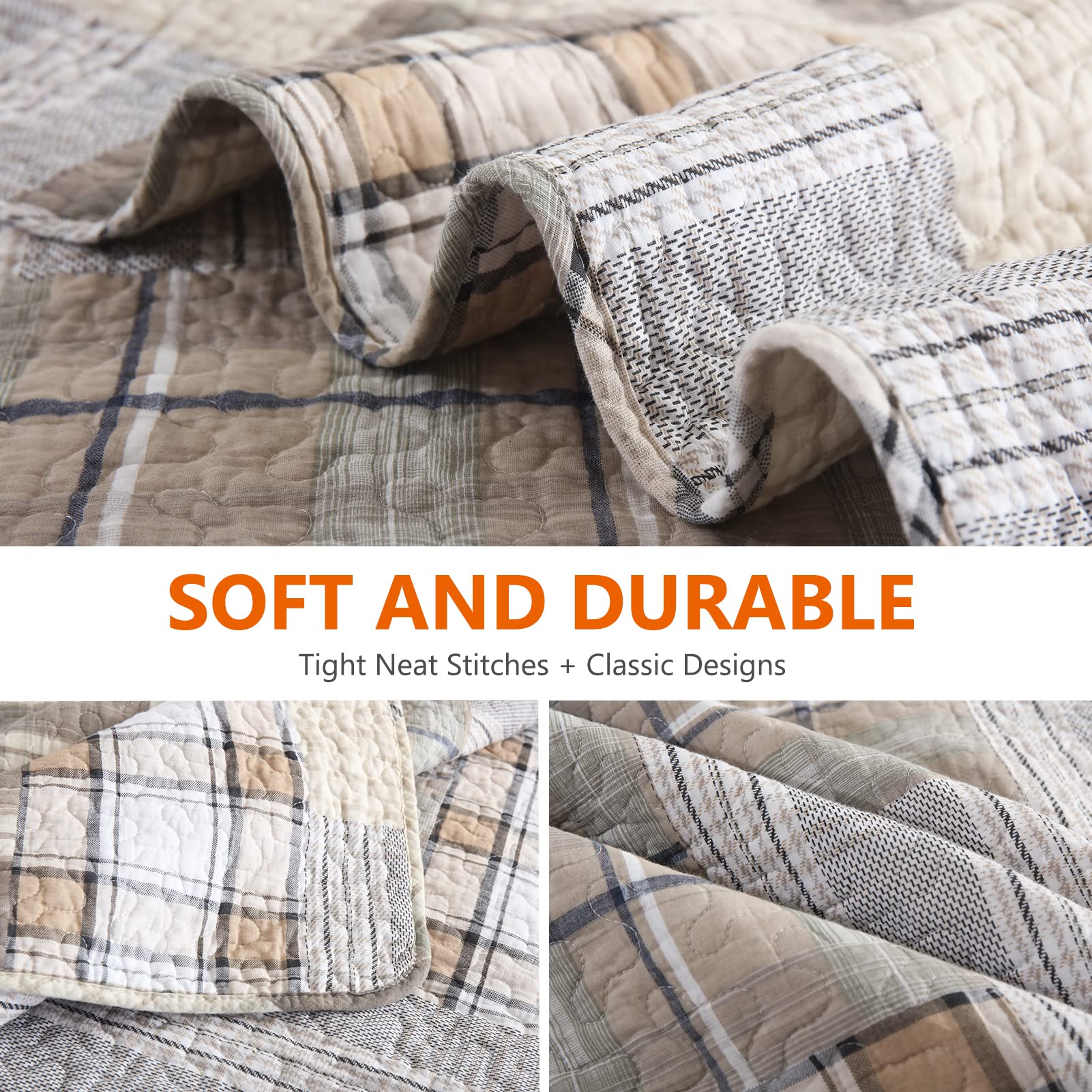 Queen Size Quilt Set - 100% Cotton Patchwork Bedspread, 3-Piece Plaid Farmhouse Reversible Lightweight Quilt for Queen Bed | Perfect for Cozy Bedroom Decor, Guest Room & Rustic Home Styling