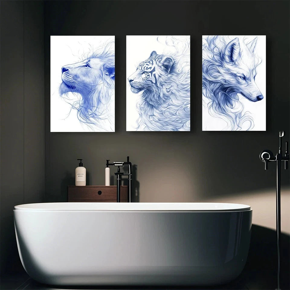 3-Piece Abstract Blue Furry Animal Metal Wall Art - Ready to Hang Decor for Living Room, Bedroom & Office
