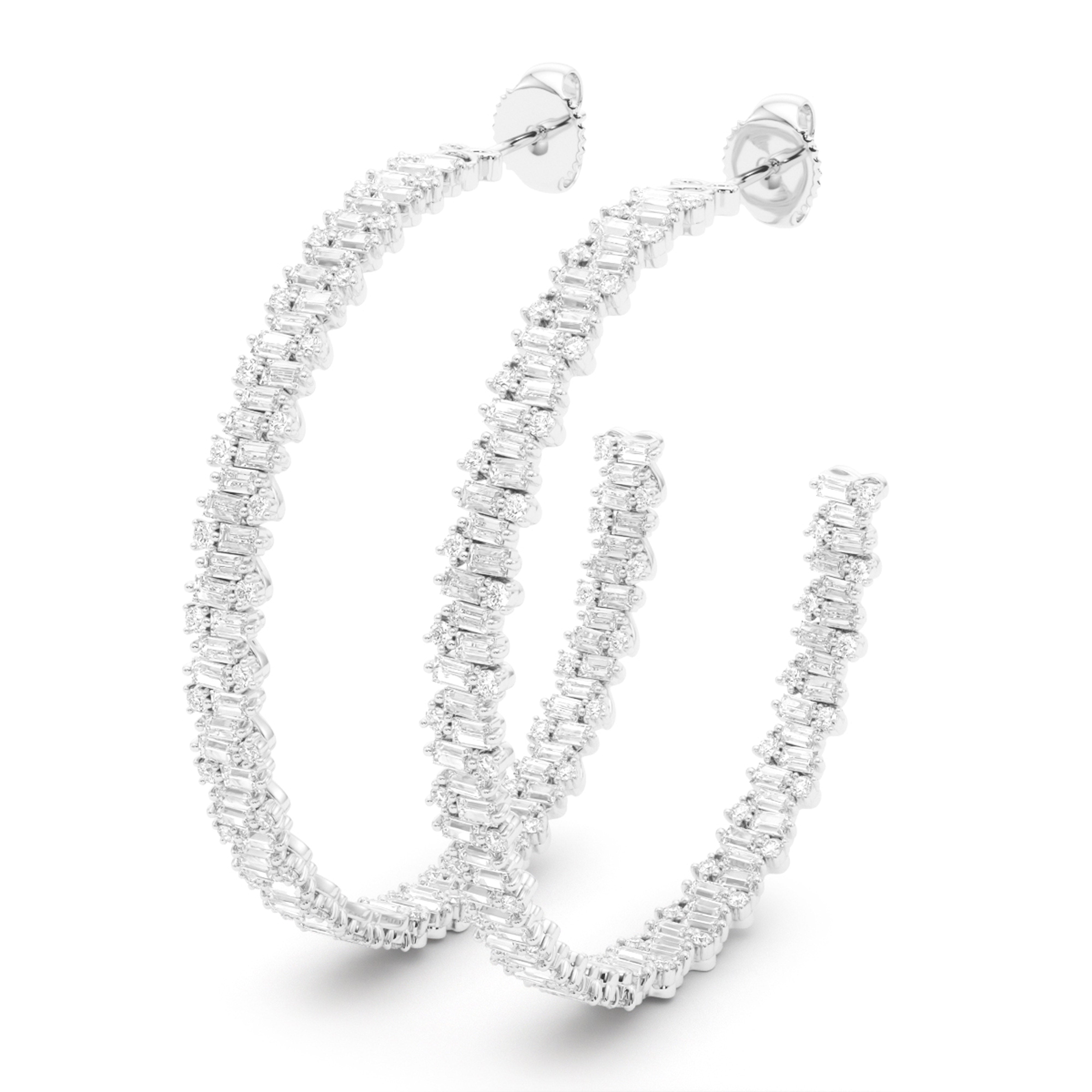 Baguette and Round Brilliant Cut Diamond Hoop Earrings for Women - Elegant Wedding, Party & Evening Wear Jewelry