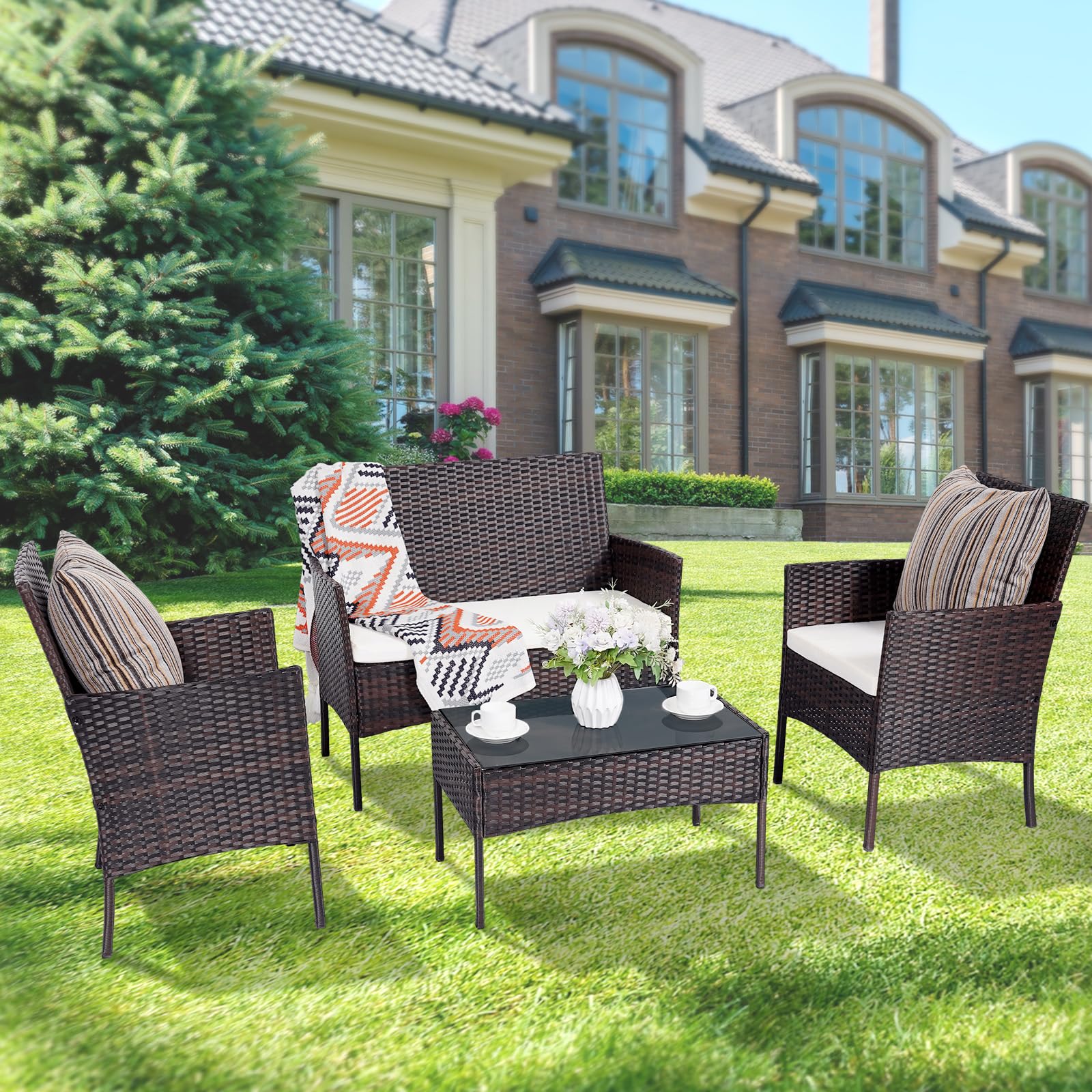 4-Piece Patio Furniture Set with Thick Cushions - Outdoor Wicker Sectional Sofa, Table & Chairs for Backyard, Garden, Poolside or Porch | Durable Brown Rattan Conversation Set for Relaxing & Entertaining
