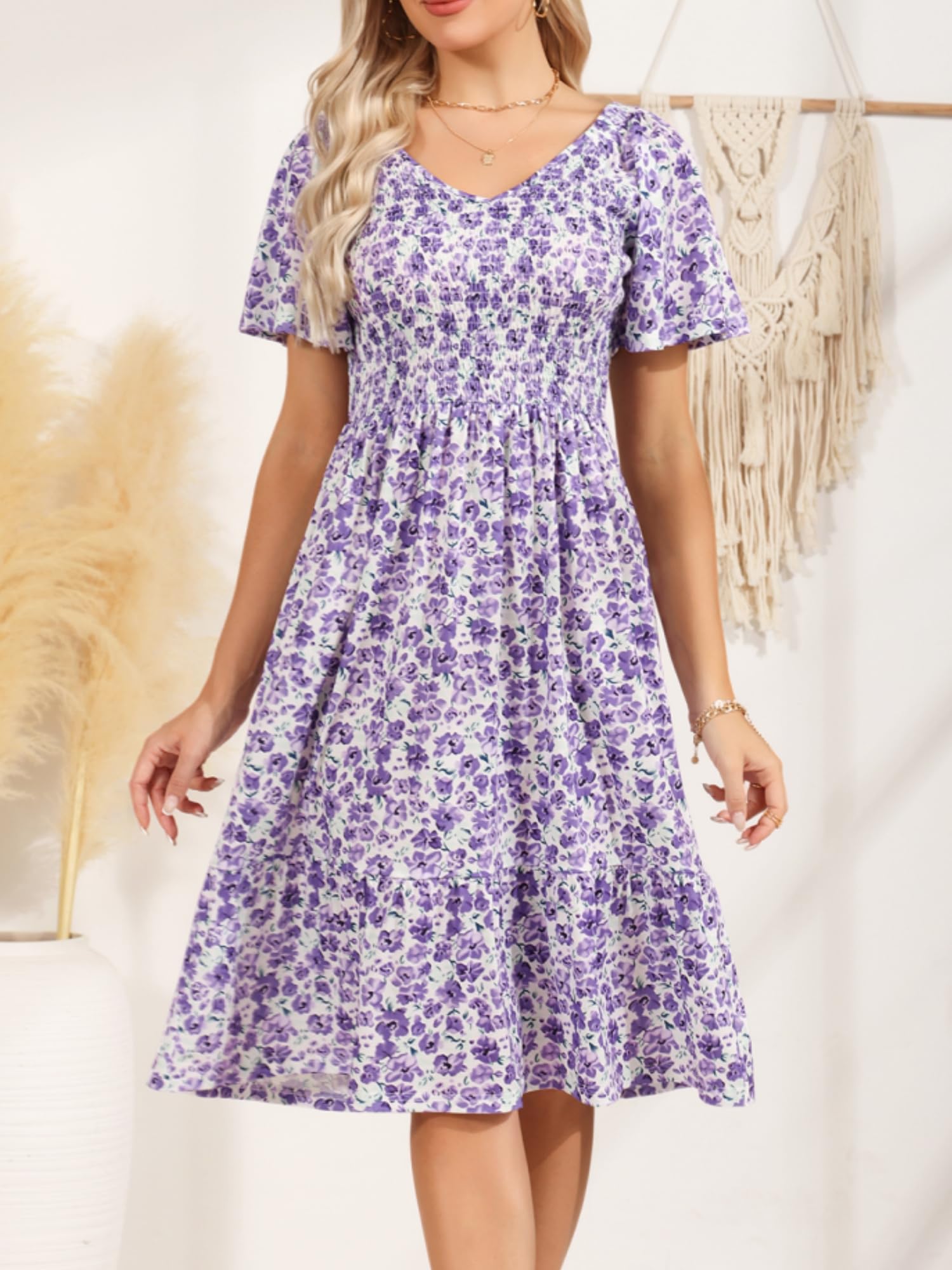 Women's Floral Midi Dress with Elastic Waist & Pockets - Casual Summer Sun Dress for Women 2025 | Beach Vacation, Garden Party & Everyday Wear