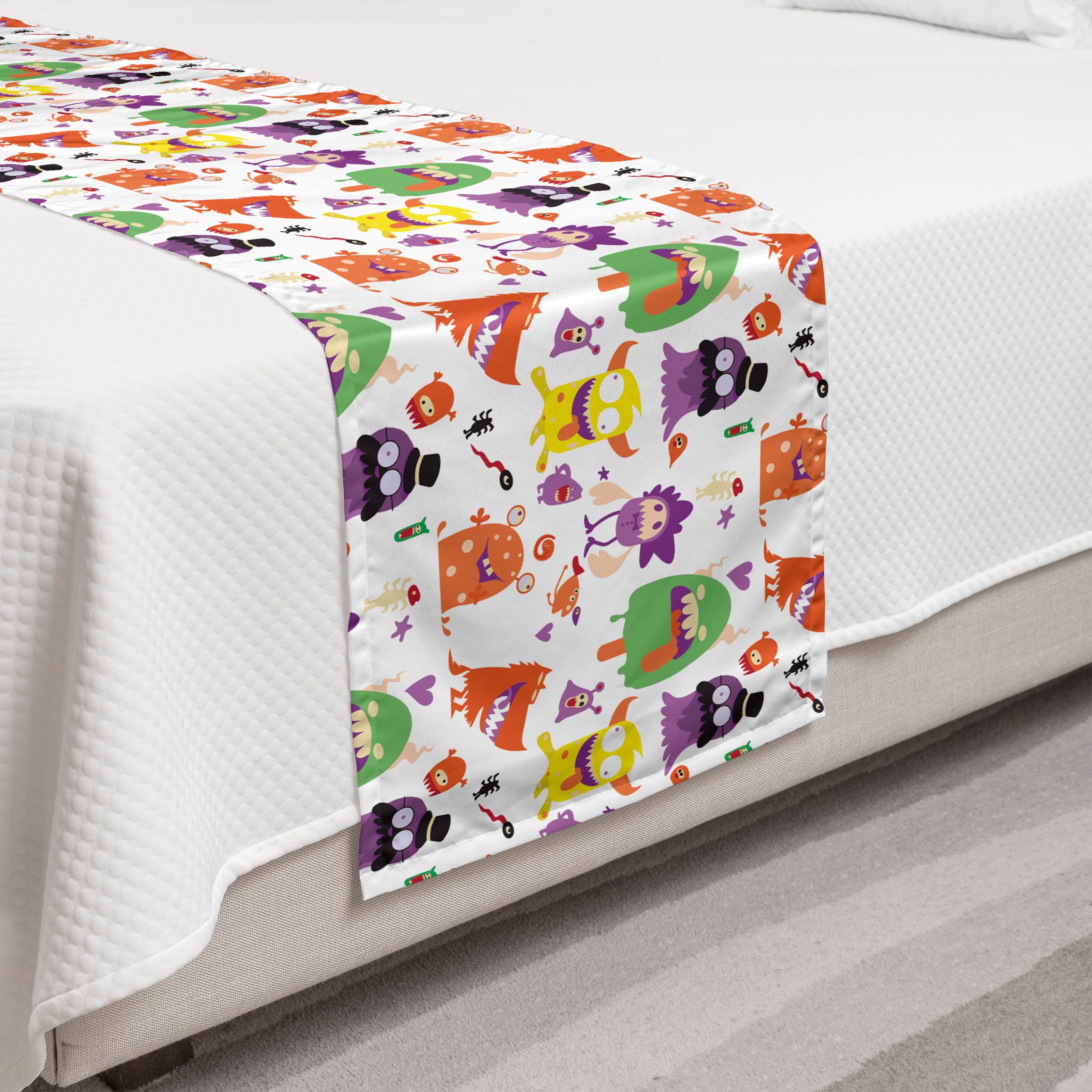 Ambesonne Alien Bed Runner | Colorful Cartoon Monsters & Humorous Creatures Pattern | Decorative Bedding Scarf for Hotels, Homes & Guest Rooms | Burnt Orange Multicolor | Perfect for Themed Bedrooms & Kids' Rooms