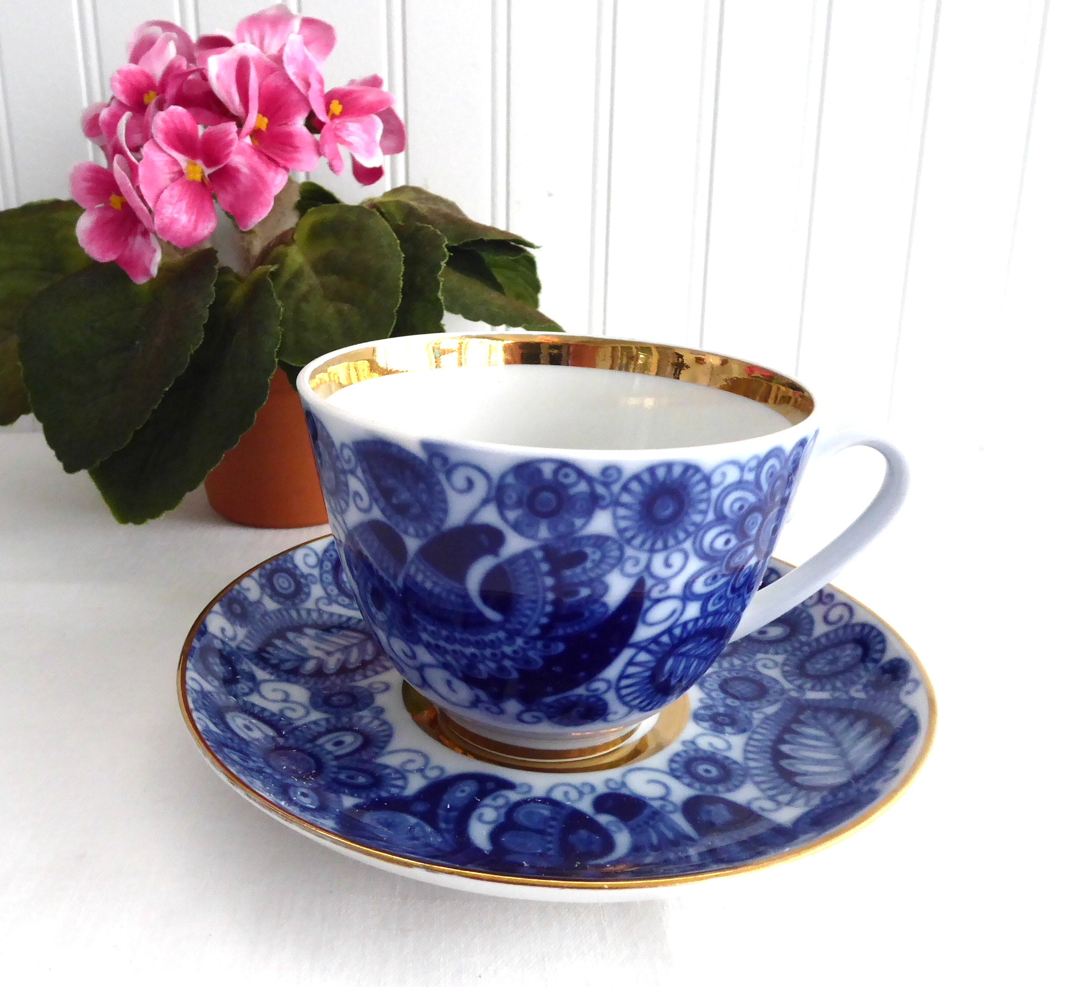 Vintage Cobalt Lace Lomonosov USSR Tea Cup and Saucer Set - Blue & White Floral Bird Design (1980s) - Perfect for Tea Parties, Collectibles, and Home Decor