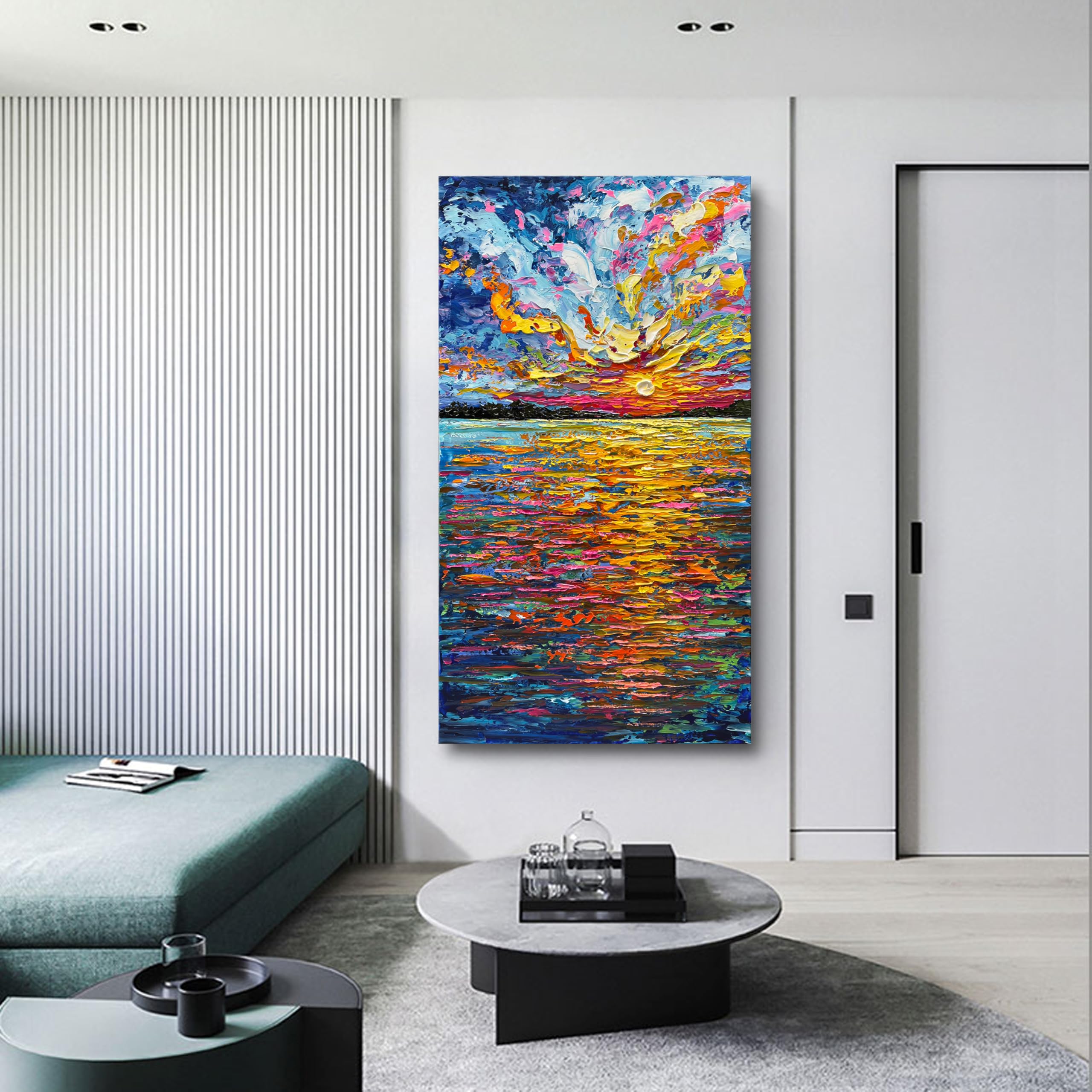 Hand-Painted Sea Sunrise Abstract Oil Painting - Modern Large Canvas Wall Art (48x24 inches) for Living Room, Bedroom & Hallway Decor | Coastal Landscape Home Decoration | Perfect for Beach House & Office Wall Art