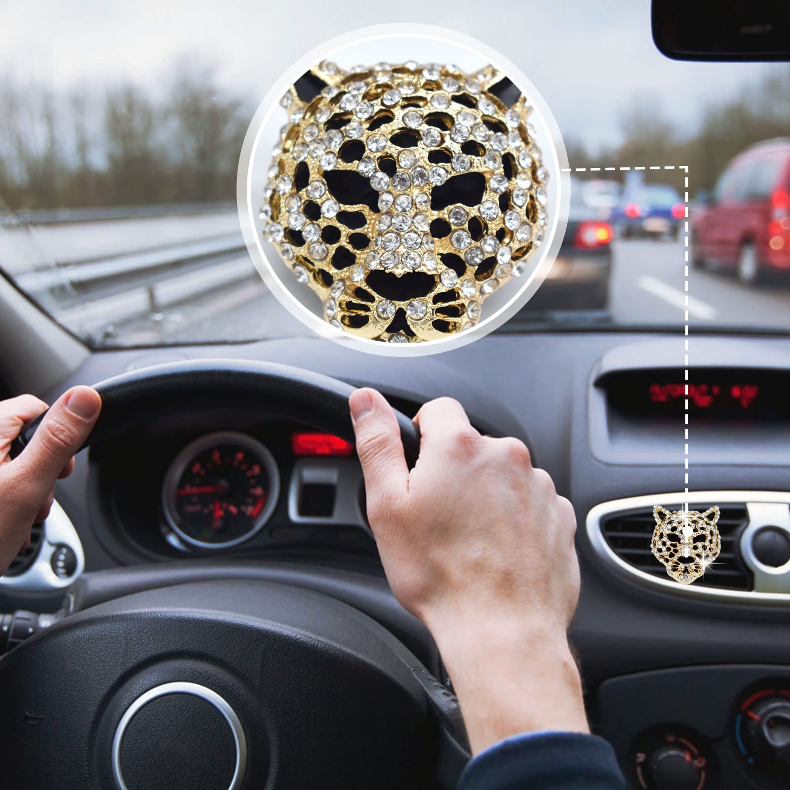 Crystal Leopard Car Air Freshener Vent Clips - Rhinestone Bling Car Diffuser & Interior Decor Accessories for Women (Golden) | Perfect for Sedans, SUVs & Office Spaces