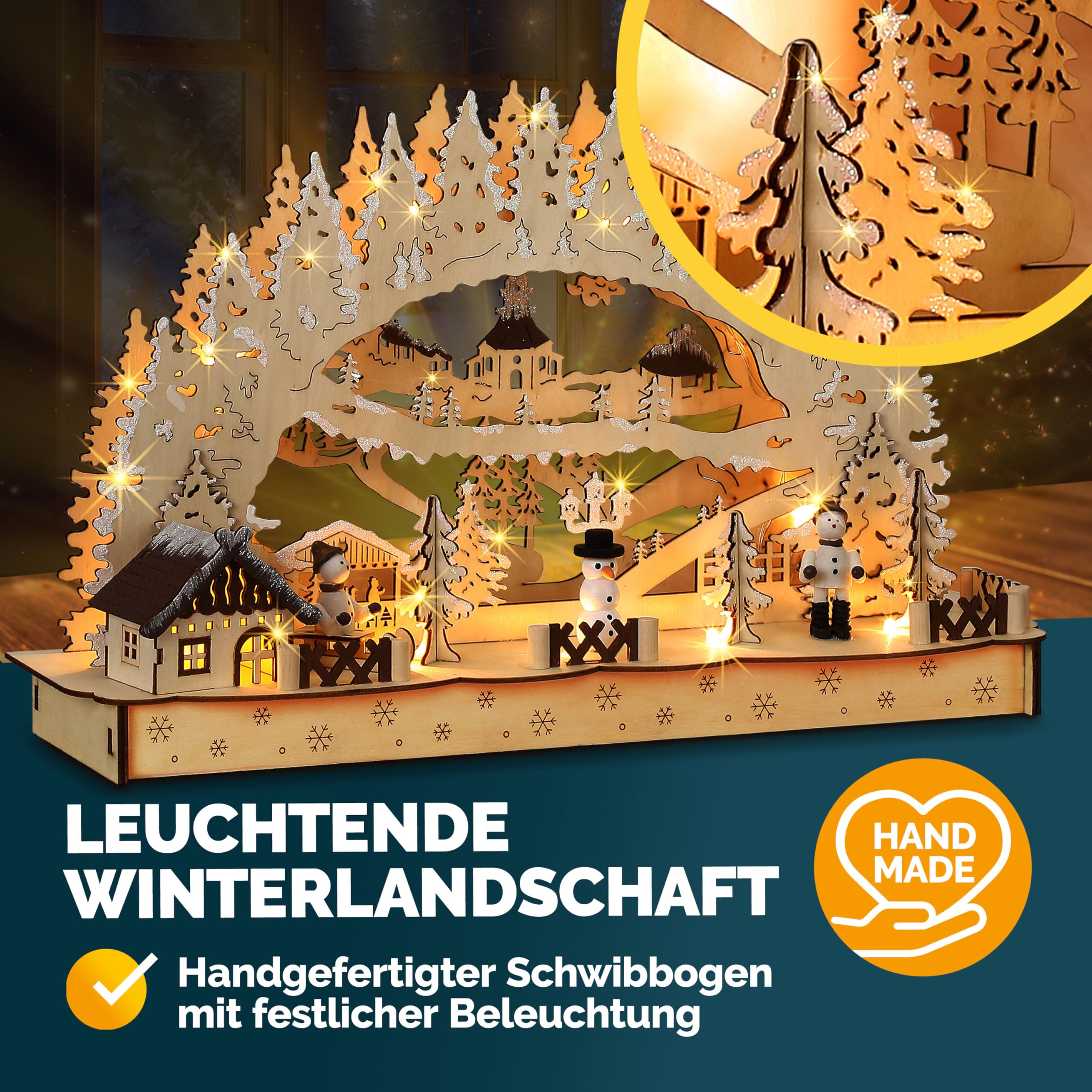 Monzana® XL LED Schwibbogen - Wooden Christmas Arch with Timer & Battery - Winter Village Holiday Decor for Home, Mantel, or Tabletop - Perfect for Christmas, Winter, and Holiday Lighting Decorations