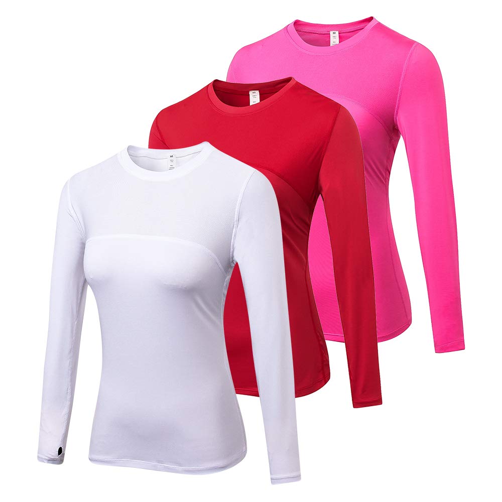 3 Pack Women's Long Sleeve Performance Base Layer Shirts - Moisture Wicking Quick Dry Athletic Tops with Thumb Holes for Running, Yoga & Outdoor Workouts
