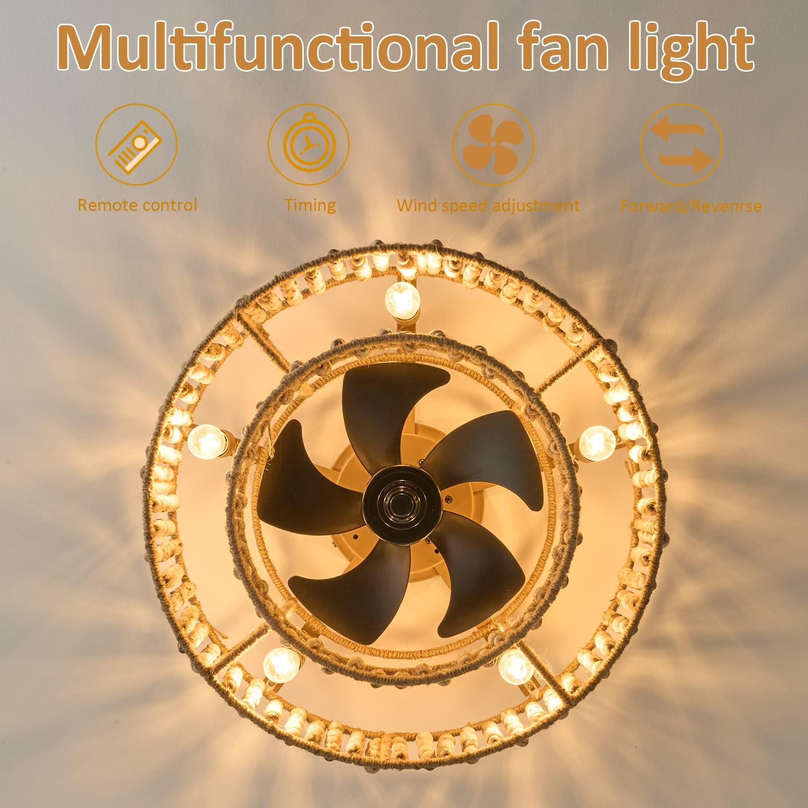20 Inch Boho Caged Ceiling Fan with Lights & Remote Control - Rustic Wood Beaded Flush Mount Fan, 6 Speed Settings for Coastal Bedroom, Nursery, Living Room & Patio Decor