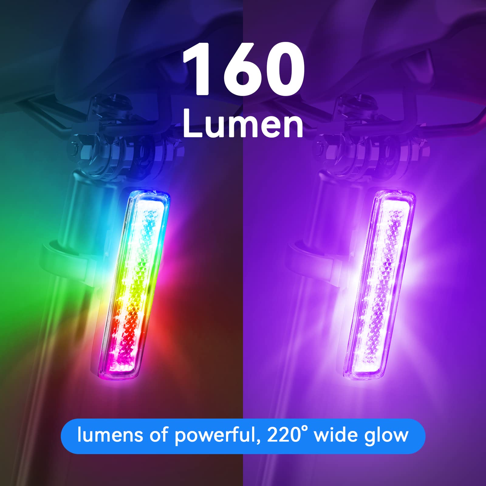 USB-C Rechargeable RGB Bike Tail Light - IPX6 Waterproof LED Bicycle Rear Light with 7 Colors & 14 Modes - Perfect for Night Cycling, Scooters, Roller Skates & Helmet Safety