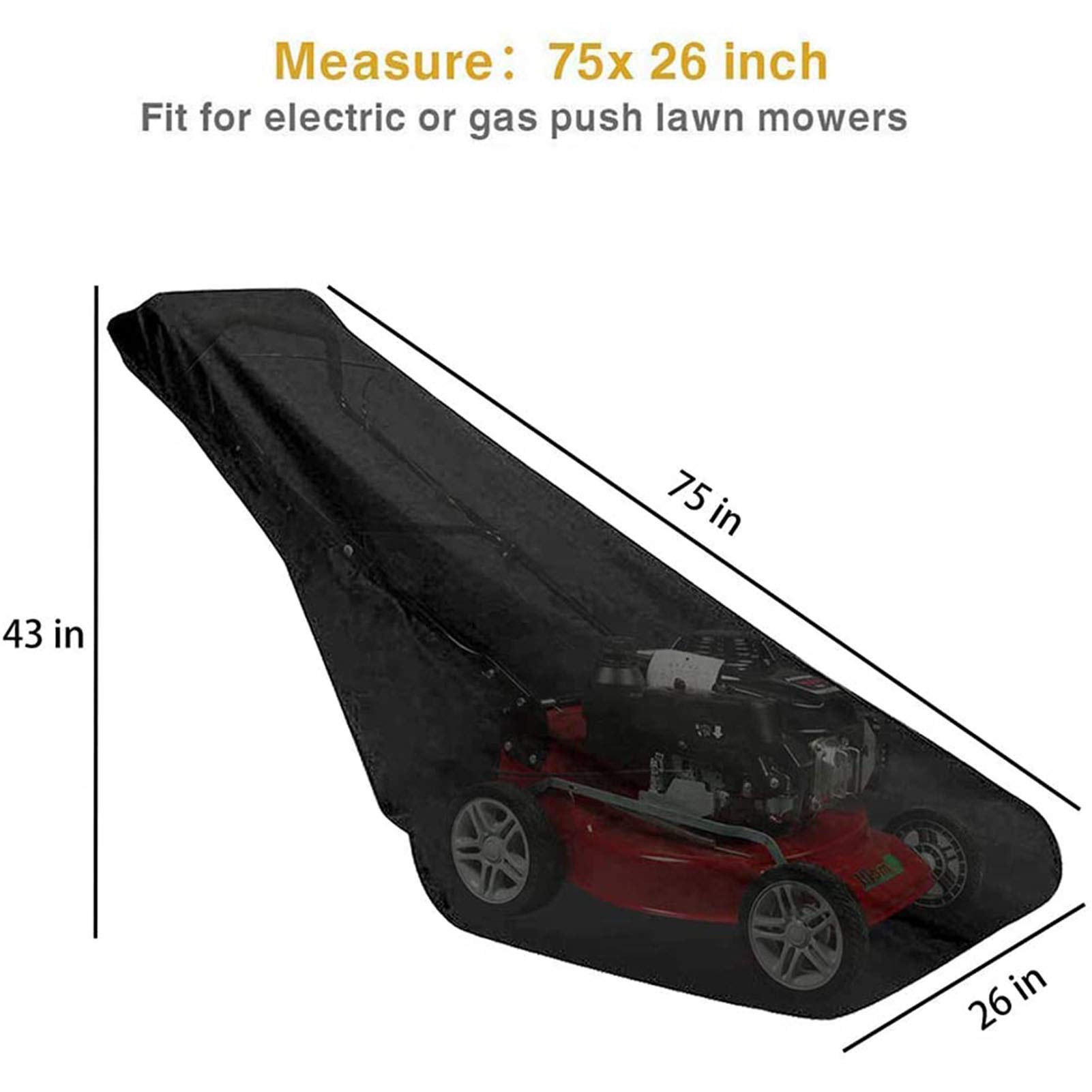Heavy Duty Waterproof Lawn Mower Cover 75x26x43 - Outdoor Push Mower Protection with Storage Bag & Drawstring for All-Weather Use