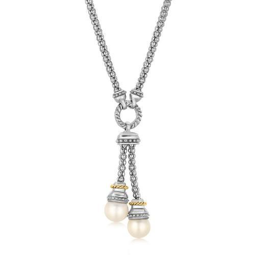 18K Yellow Gold & Sterling Silver Popcorn Chain Necklace with Pearl Accents - 17 Inch Elegant Jewelry for Women, Perfect for Weddings, Parties & Special Occasions