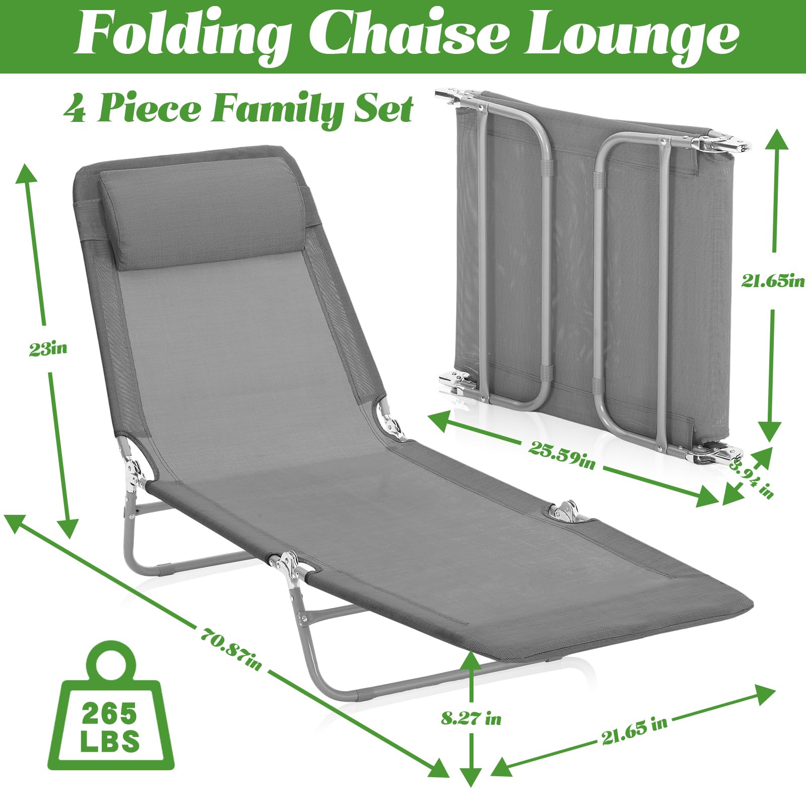 Suzile 4 Pack Folding Chaise Lounge Chairs - Adjustable 5-Position Tanning Chairs with Pillow, Waterproof & Breathable Mesh, Steel Frame - Perfect for Pool, Beach, Yard, Patio, Lawn & Outdoor Relaxation
