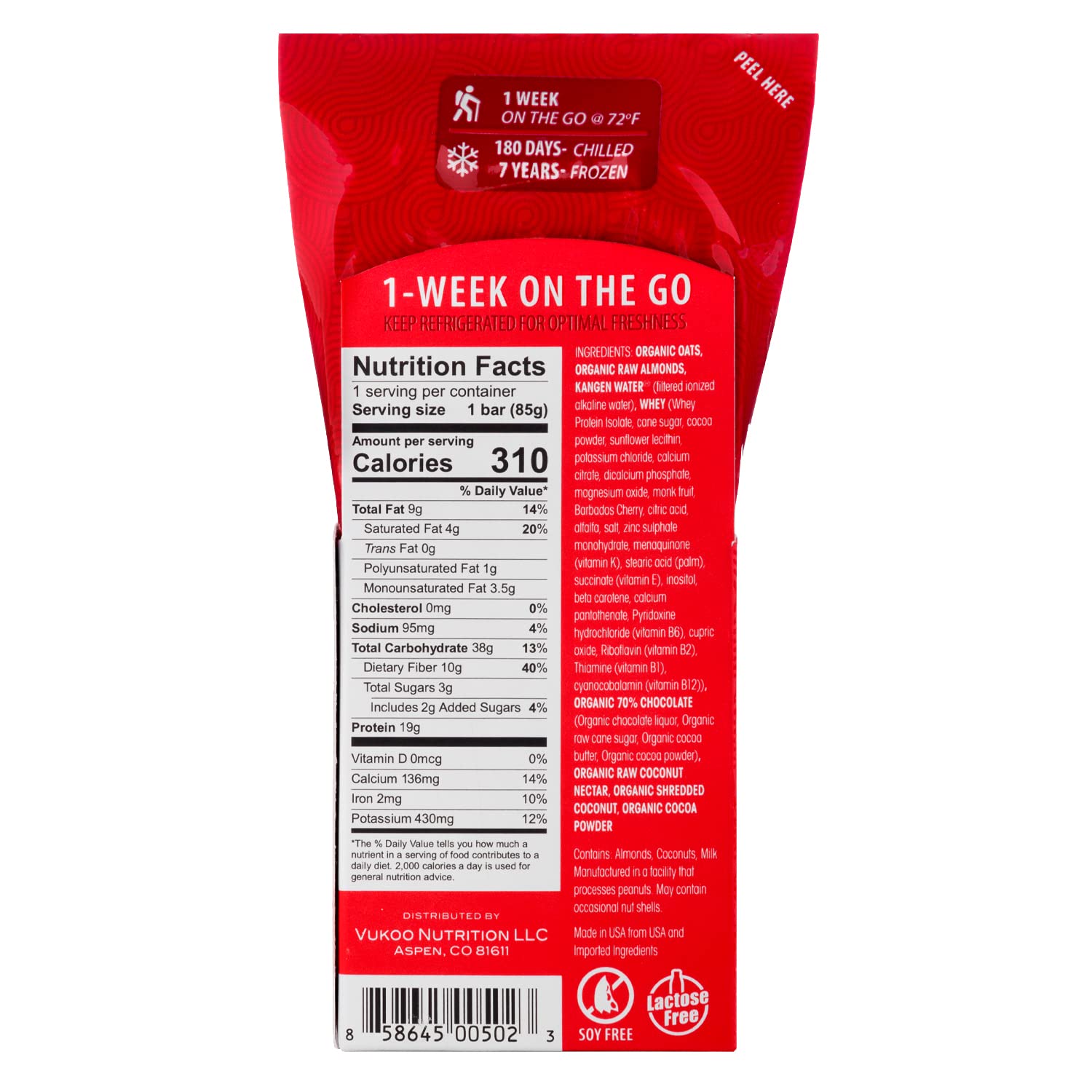 Vukoo Refrigerated Protein Bars - Dark Chocolate Almond Coconut Flavor (12 Pack) | 19g Protein, Organic Oats, Low Sugar, High Fiber, Gluten Free | Healthy Snack for Gym, Hiking, Workout & On-the-Go Nutrition