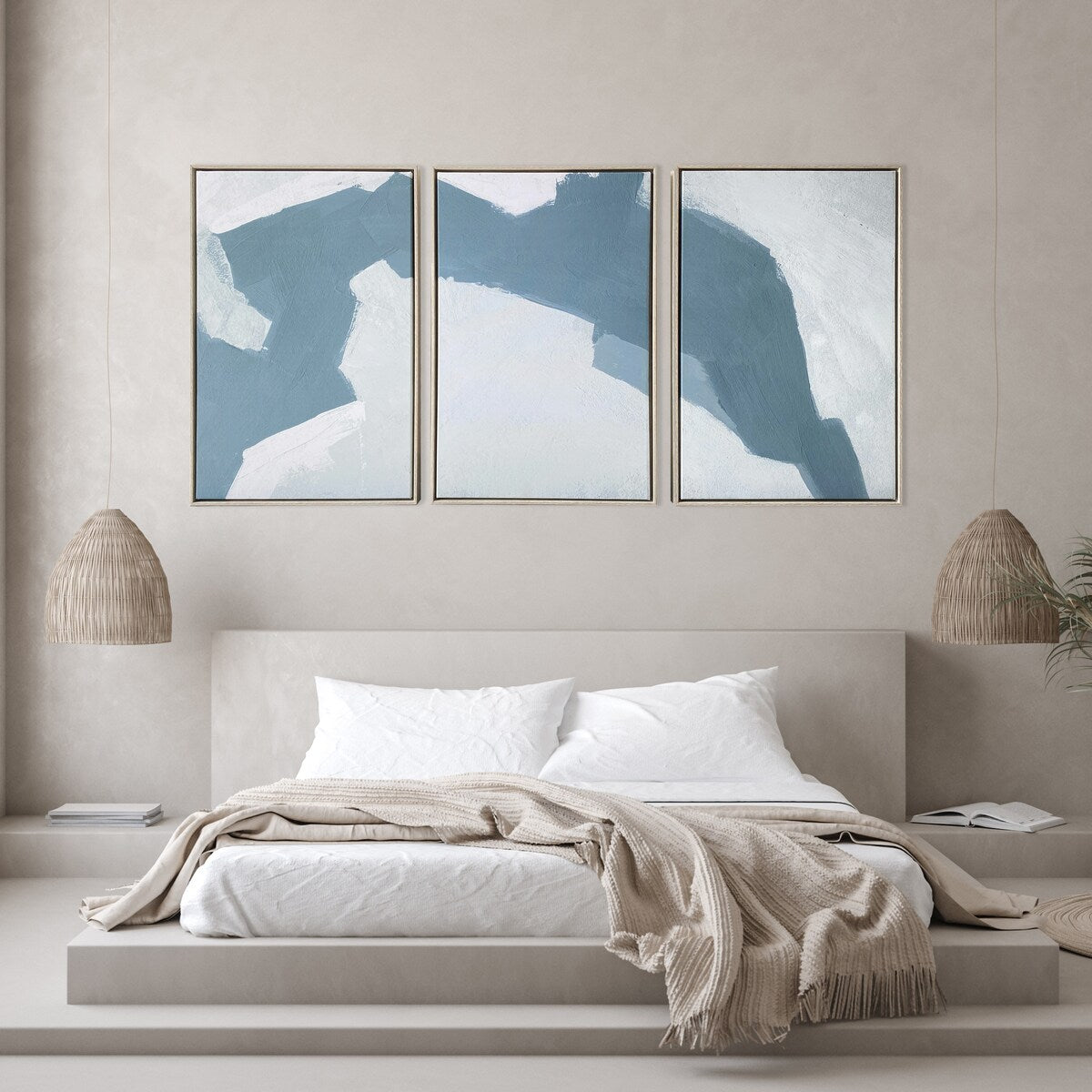 Abstract Blues 3-Piece Canvas Wall Art Set - Natural Wood Floating Frame - Modern Home Decor for Living Room, Bedroom & Office