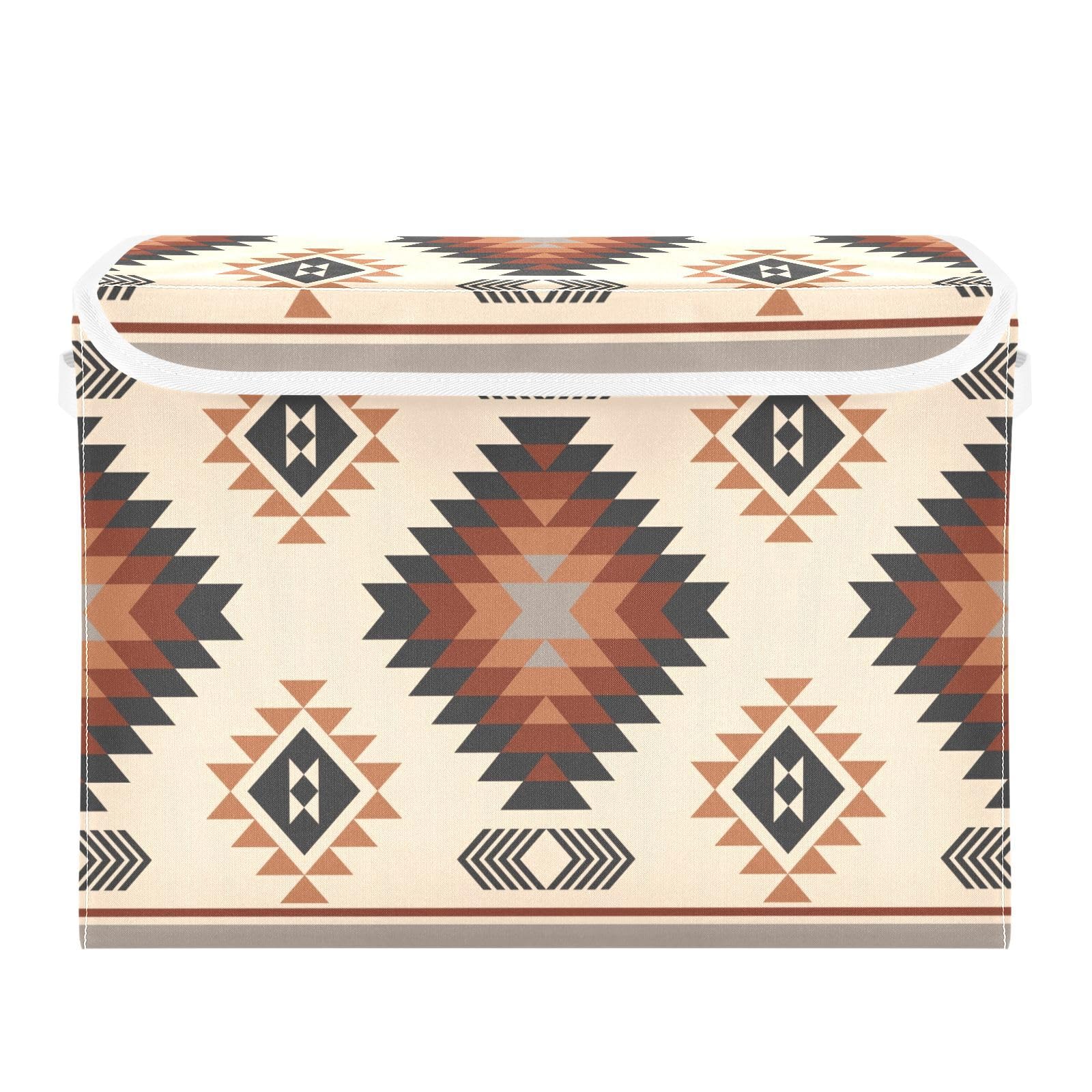 Aztec Style Foldable Fabric Storage Bins with Lids - Brown Ethnic Collapsible Organizer Baskets for Home, Bedroom, Closet & Office Organization | Perfect for Clutter Control & Space Saving Storage