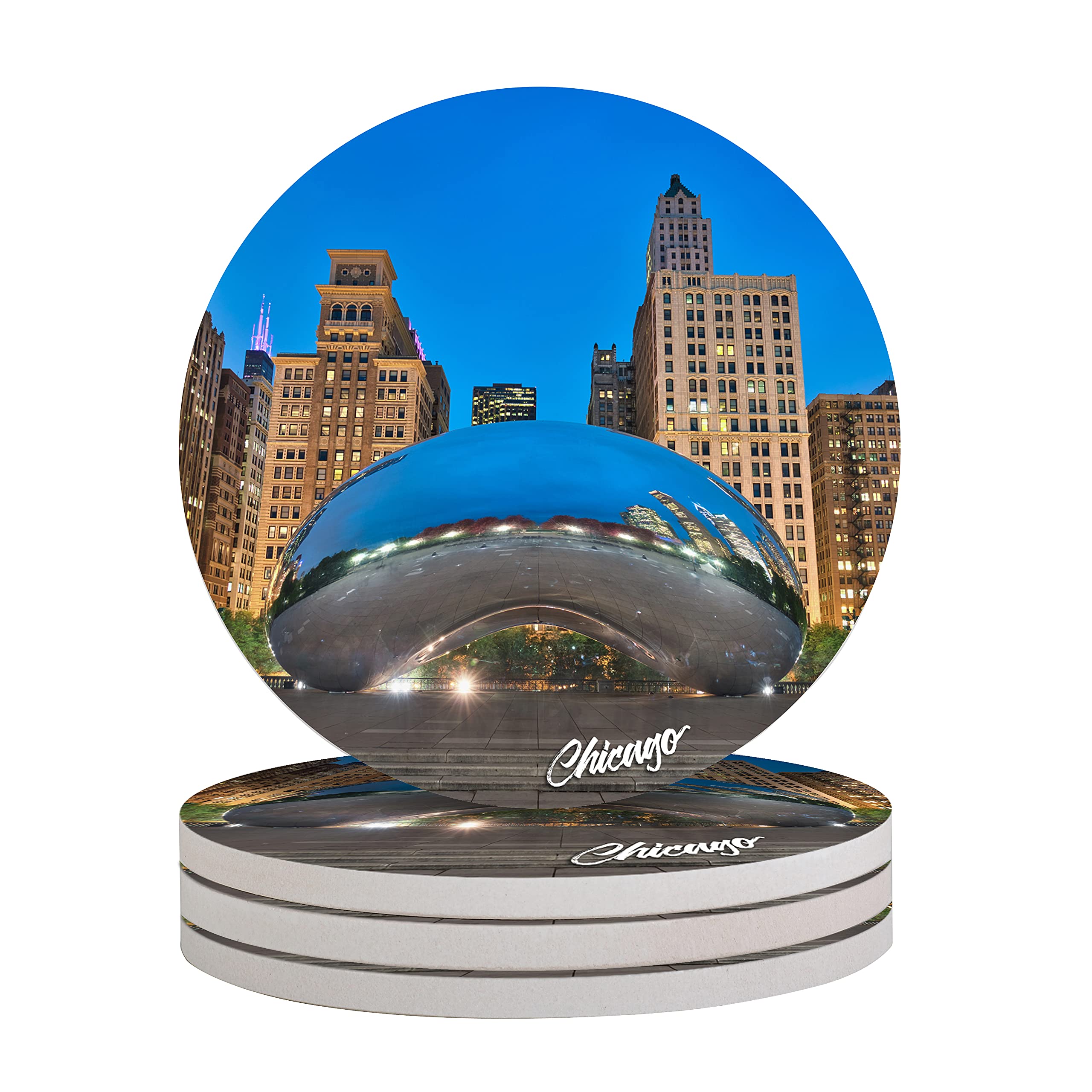 4-Piece Round Absorbent Ceramic Stone Drink Coasters Set with Cork Base - Protects Tabletops from Mugs & Cups - Perfect for Coffee, Tea & Dining (Chicago Style)