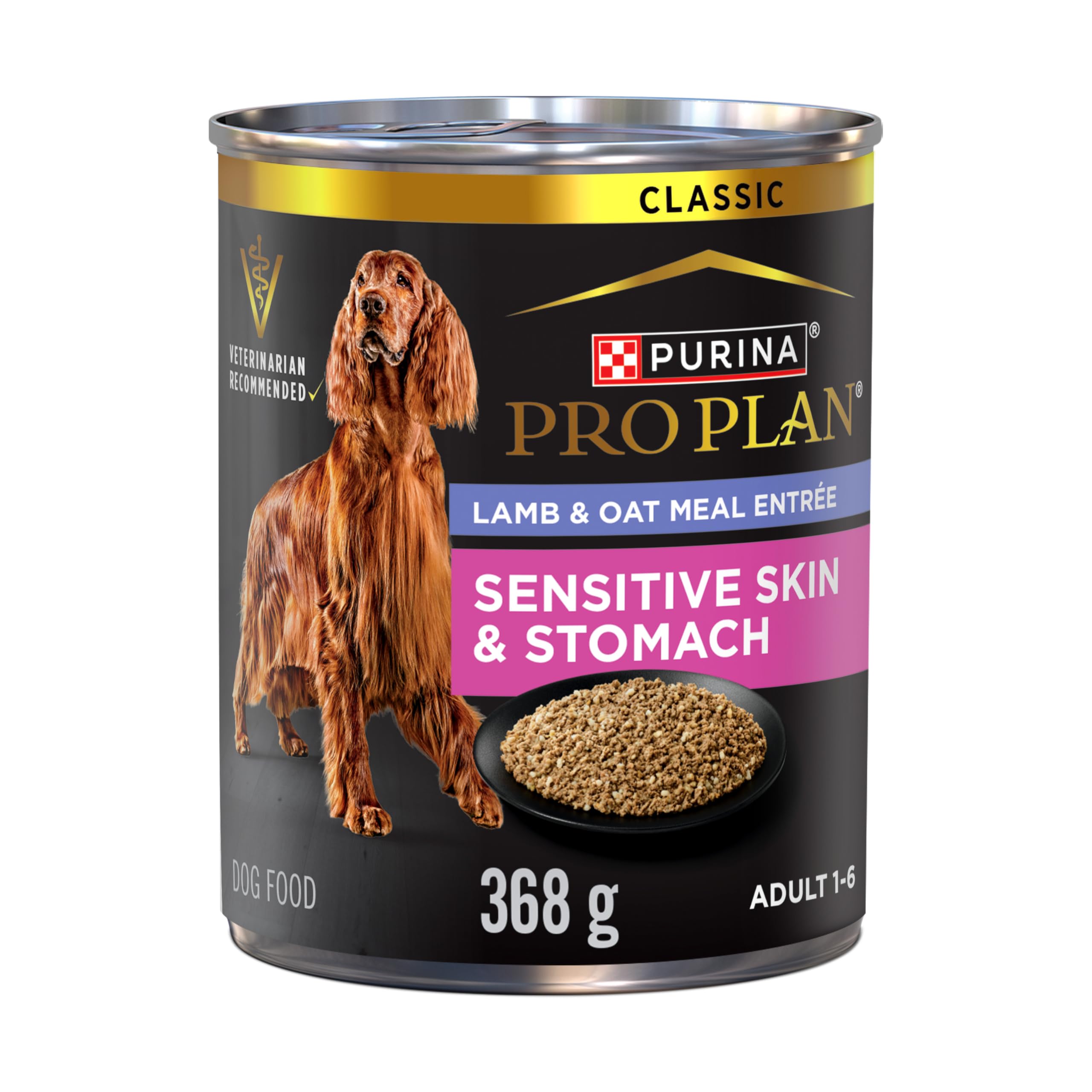 Purina Pro Plan Sensitive Skin & Stomach Wet Dog Food - Classic Lamb & Oat Meal Entree, 12 Pack (368g Each) - Grain-Free Formula for Dogs with Allergies & Digestive Issues - Perfect for Mealtime & Training Treats
