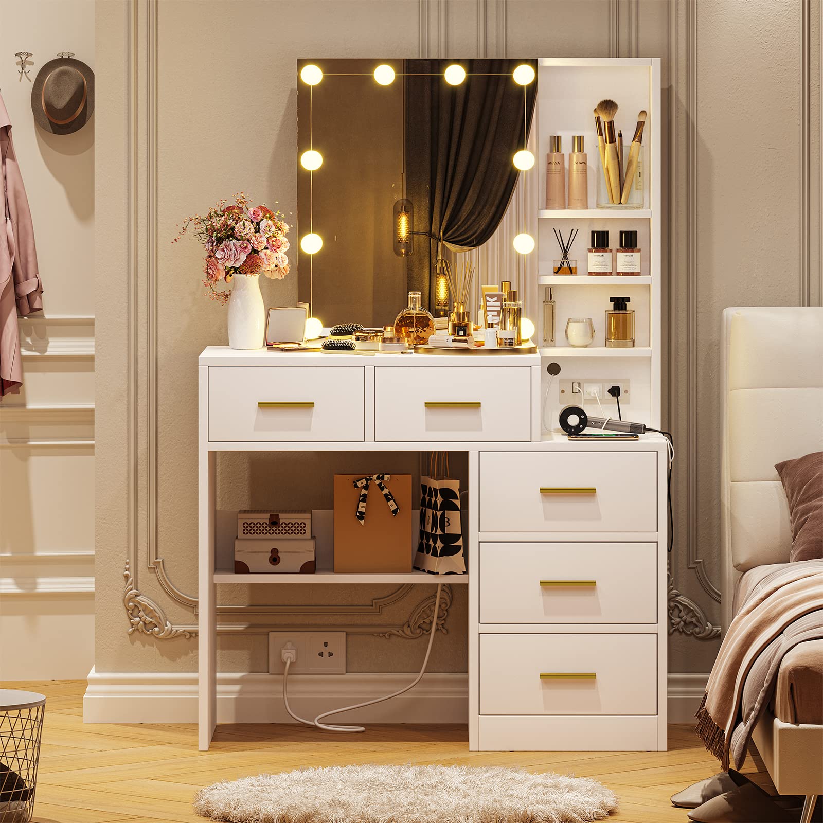 Modern White Vanity Desk with Sliding Mirror, LED Lights & USB Charging Station - 5 Drawers Makeup Table with Hidden & Open Storage Shelves - Perfect for Bedroom, Dressing Room & Home Beauty Salon