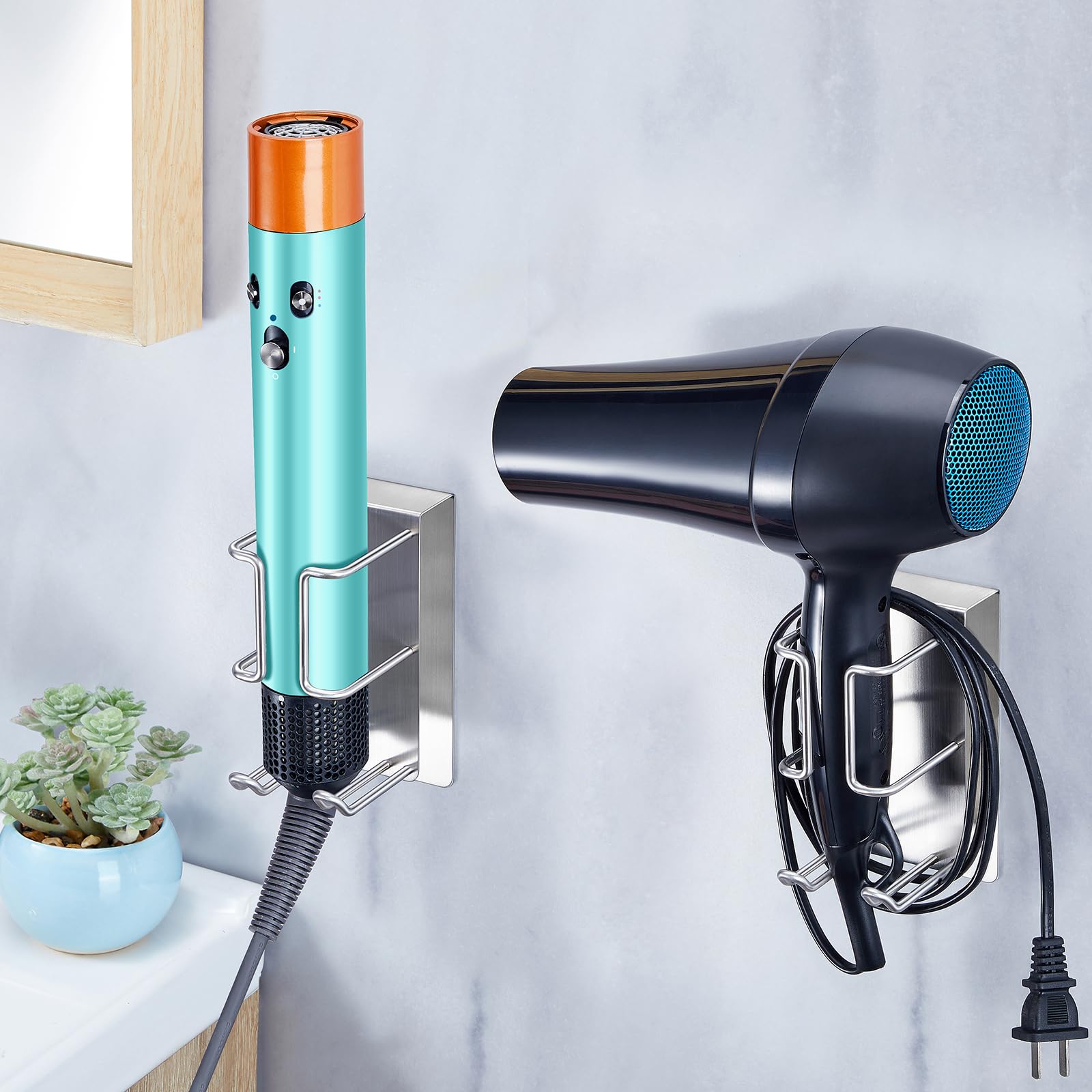 XILIMEN No Drill Wall Mount Hair Dryer Holder & Straightener Organizer - Stainless Steel Bathroom Storage for Blow Dryers, Flat Irons (Silver) | Perfect for Small Spaces, Vanity & Closet Organization