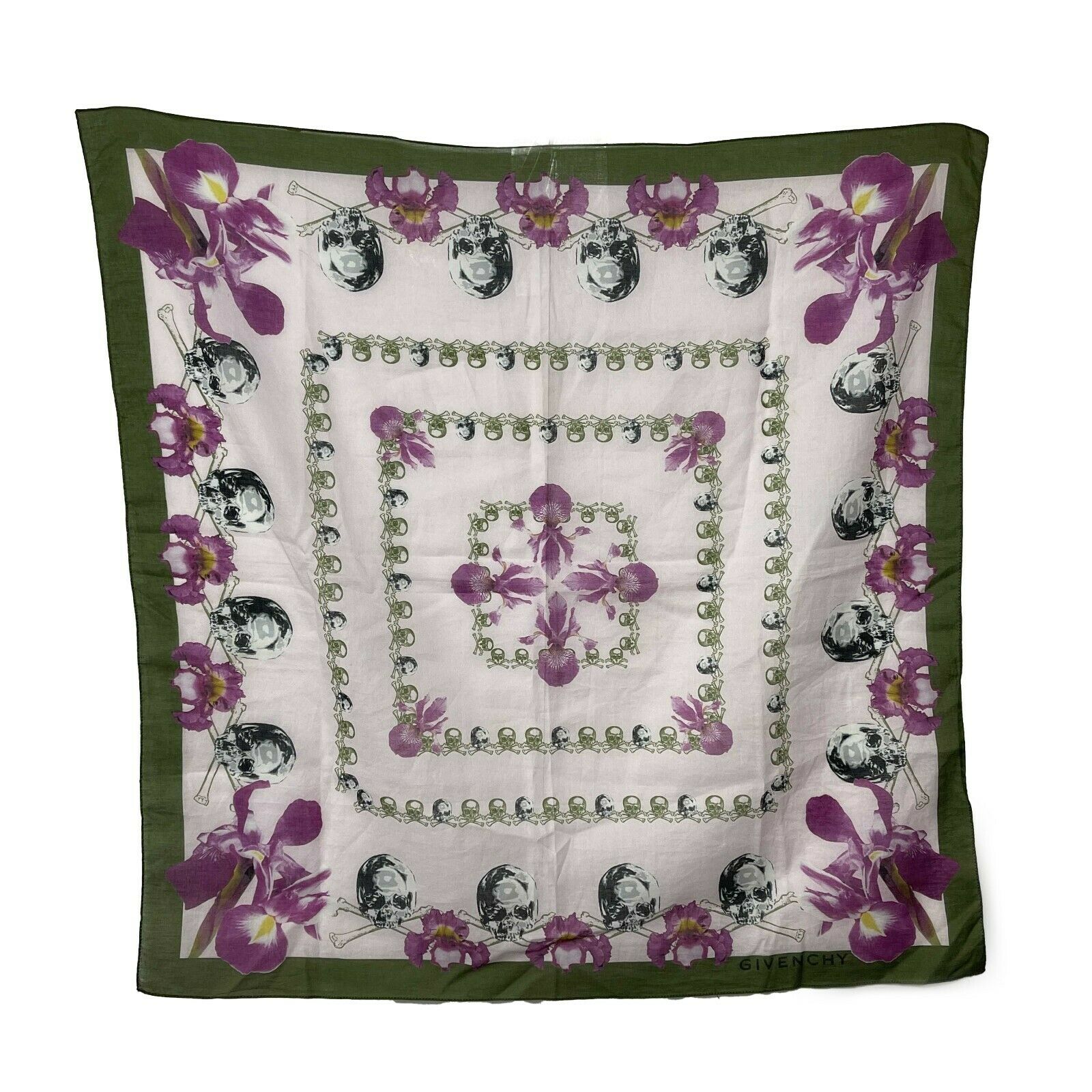 Givenchy Orchid and Skull Print Silk Scarf - Pink, Magenta, Army Green, Black - Luxury Fashion Accessory for Women, Perfect for Parties, Weddings & Everyday Elegance