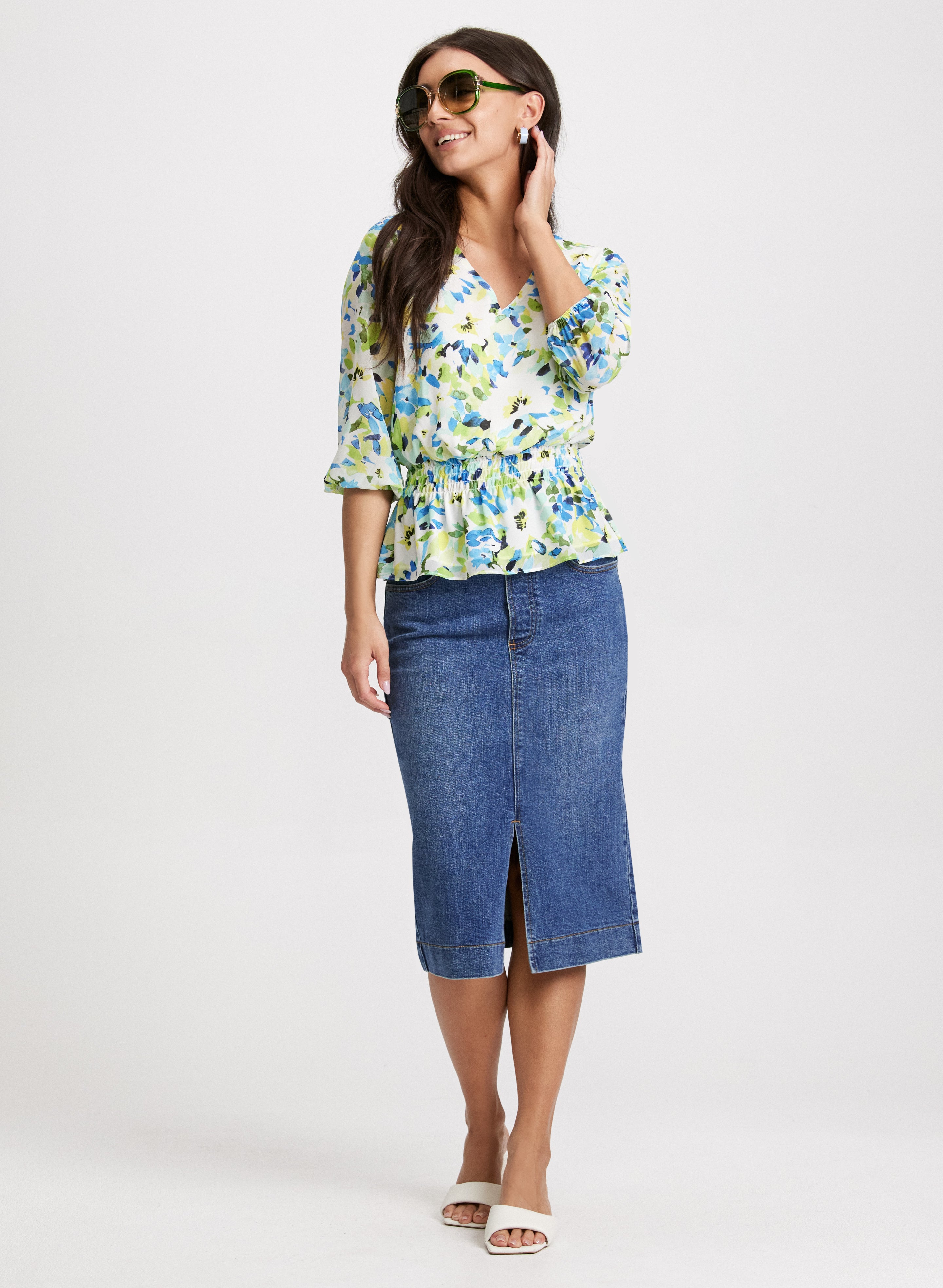 Floral Peplum Top & Slit Hem Denim Midi Skirt Set - Women's Fashion Outfit for Spring Summer Casual Wear, Date Night & Office Attire