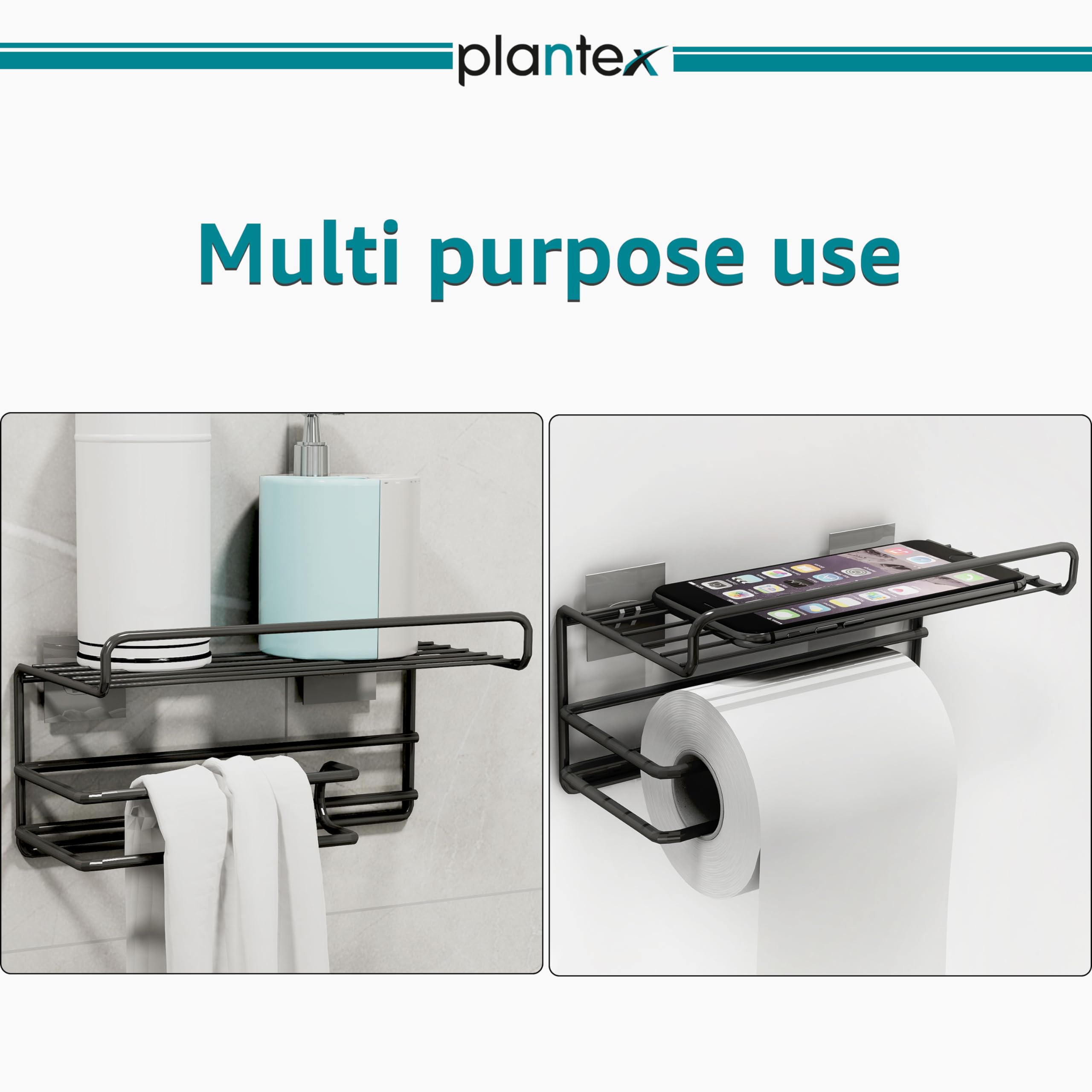 Plantex GI Steel Self-Adhesive Toilet Paper Holder - Wall Mounted Tissue Roll Dispenser with Mobile Stand, Towel Bar & Storage Rack | Durable Bathroom Organizer for Home, Office & RV (Black) - Perfect for Small Spaces & Modern Bathroom Decor