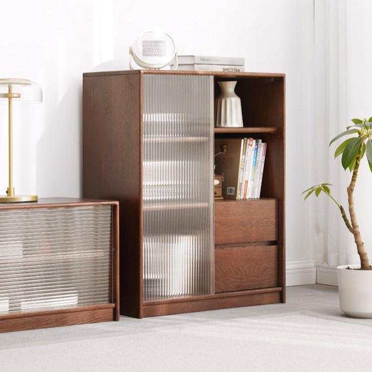 Solid Oak Wood Side Cabinet with Glass Door - Small Bookcase for Living Room, Bedroom & Office Storage
