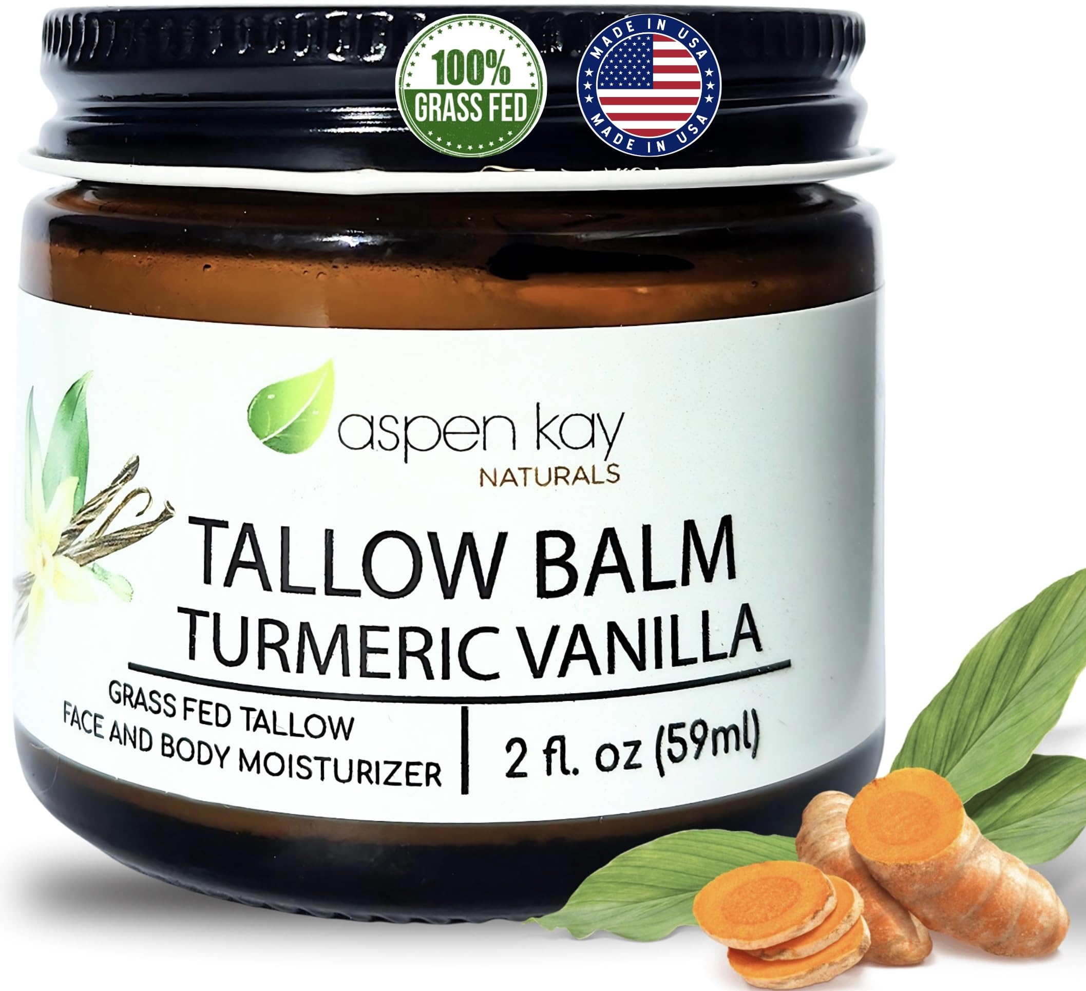 Aspen Kay Naturals Organic Handmade 100% Grass-Fed Beef Tallow Balm - Turmeric & Vitamin C Moisturizer for Dry Skin, Face & Body Care | Vanilla Scented USDA Certified Body Butter (2 fl oz) | Perfect for Eczema, Psoriasis & Nighttime Skin Repair | Made in USA