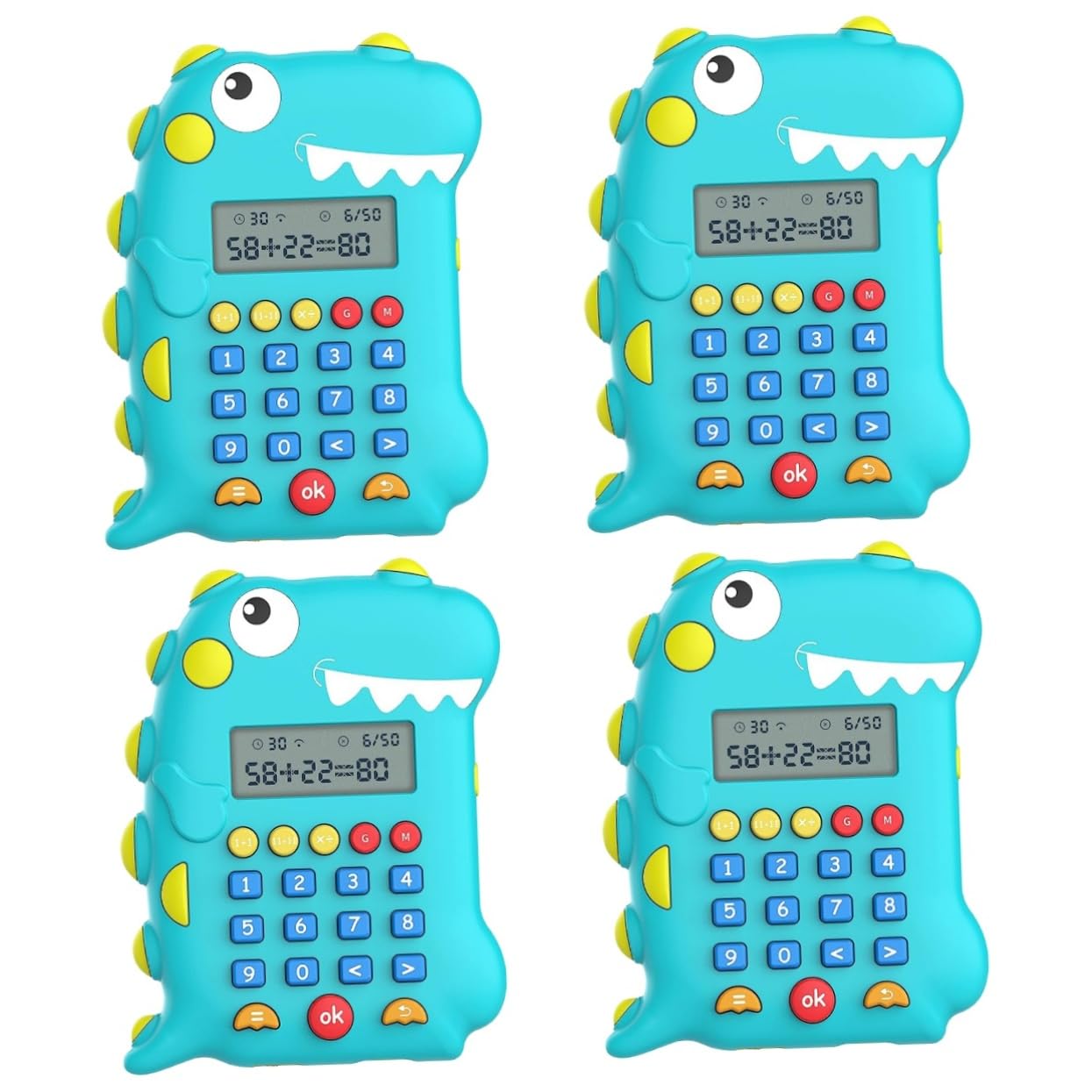 Dinosaur Calculator Set - 4 Pack Fun Math Learning Toys for Kids, Early Education Calculator with 150mAh Battery - Perfect for Classroom, Office & Home Use