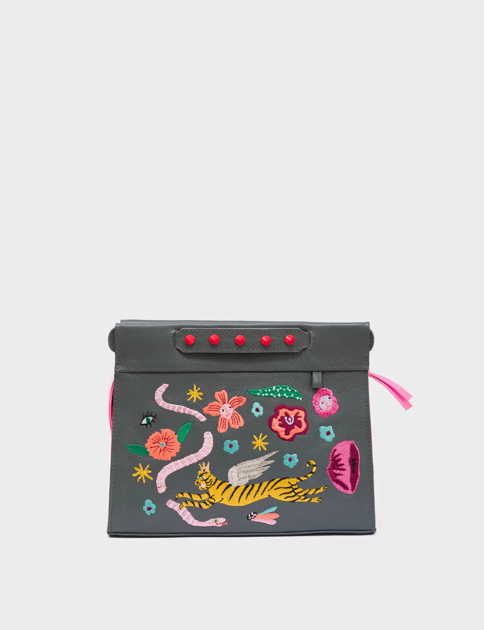 Vali Crossbody Small Leather Bag - Stormy Gray with Tiger & Flowers Embroidery | Women's Fashion Purse for Everyday Use, Travel & Date Night