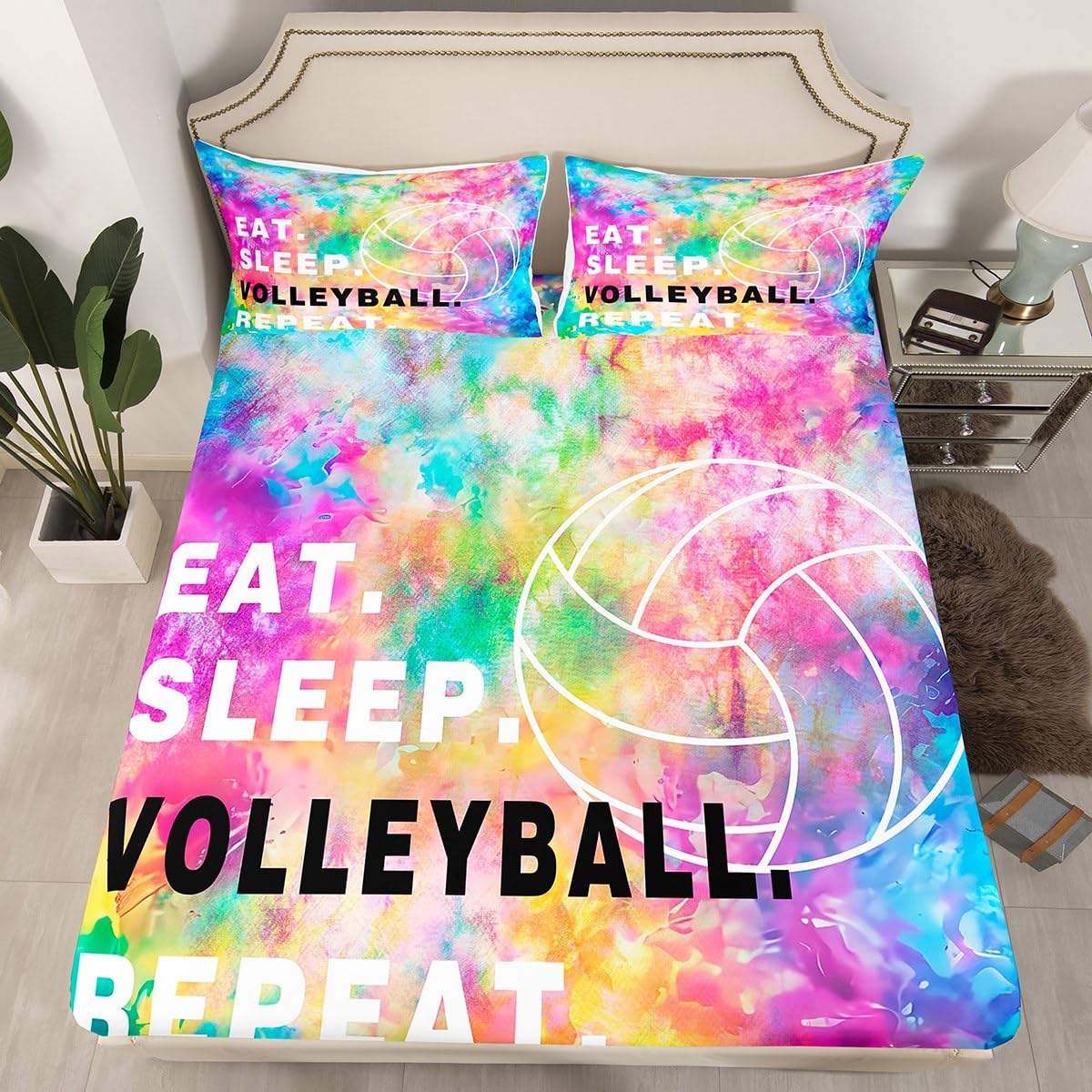Feelyou Volleyball Fitted Sheet Twin Size - Tie Dye Sports Bedding Set for Kids & Teens - Lightweight Breathable Volleyball-Themed Bed Cover (No Flat Sheet) - Perfect for Dorm Rooms, Sleepovers & Sports Fans