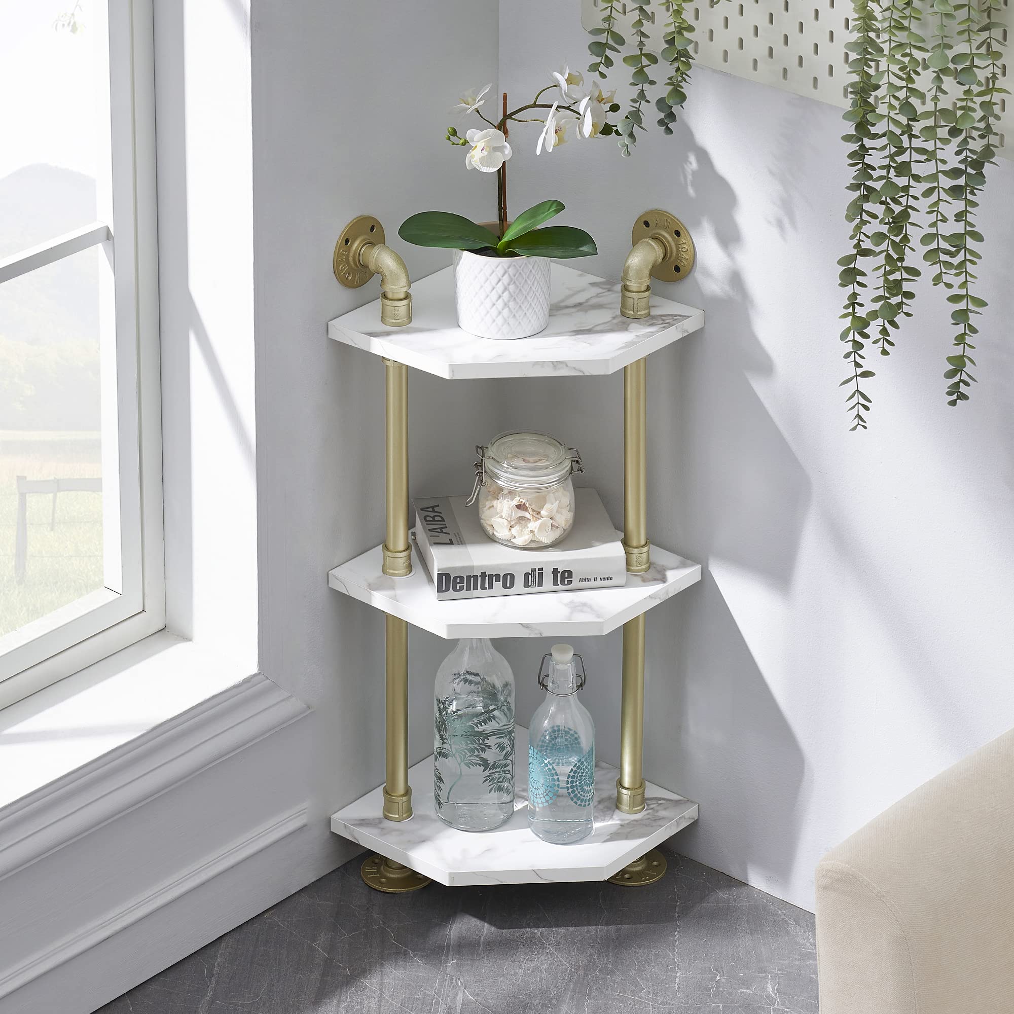 Ivinta Corner Bookshelf with Storage - White Wall Mount Pipe Shelves & Gold Metal Decor Bookcase - Modern Shelf Organizer for Bedroom, Bathroom, Living Room - Perfect for Small Spaces, Home Office & Reading Nook Organization
