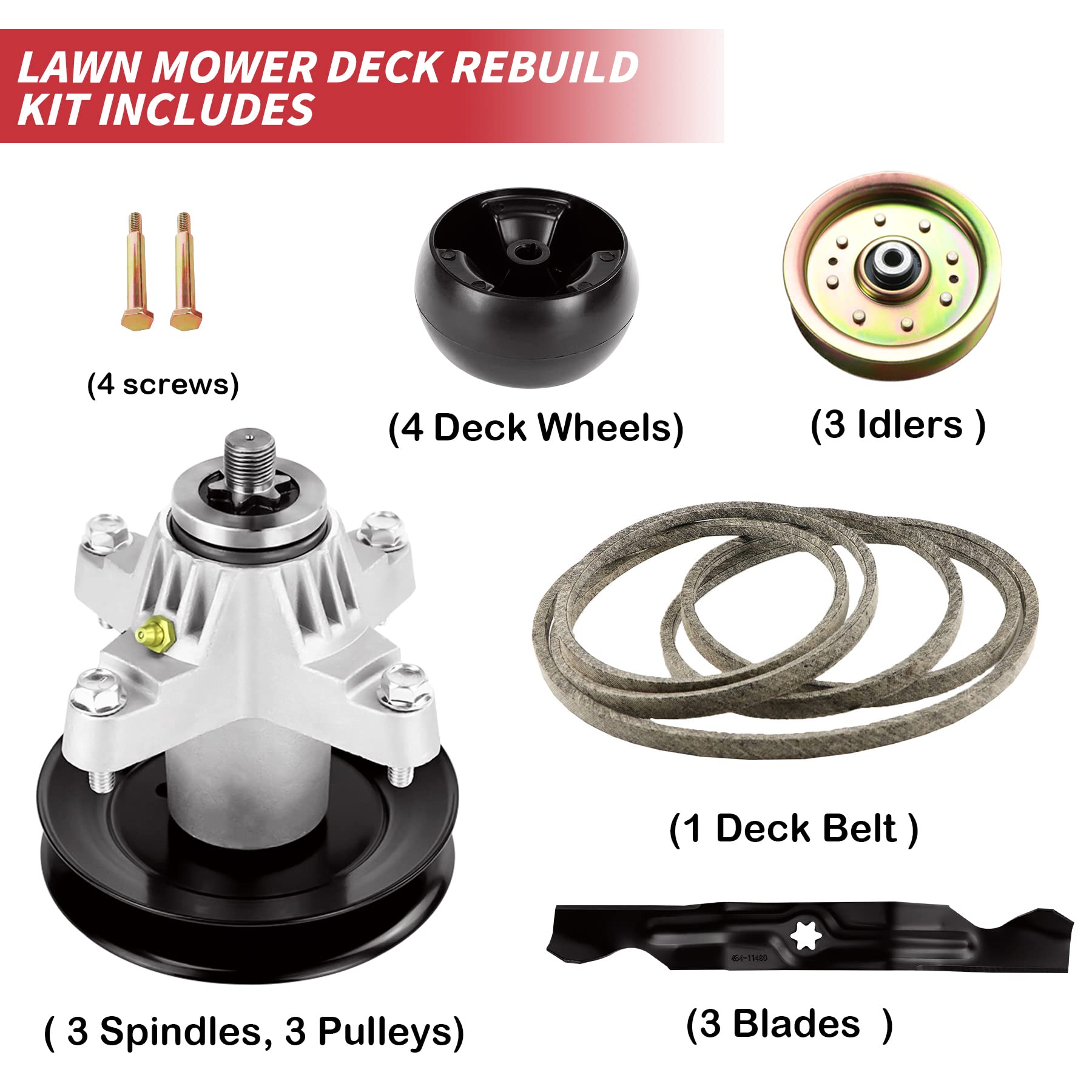 50 Inch Lawn Mower Deck Rebuild Kit - Compatible with Cub Cadet, MTD, Troy-Bilt RZT50 & RZT50VT - Includes 3 Spindles, 3 Idlers, 4 Deck Wheels, 3 Blades & 1 Belt - Replaces Parts 618-04125, 618-04126, 918-04125, 918-04126 - Perfect for DIY Lawn Mower Repairs & Maintenance