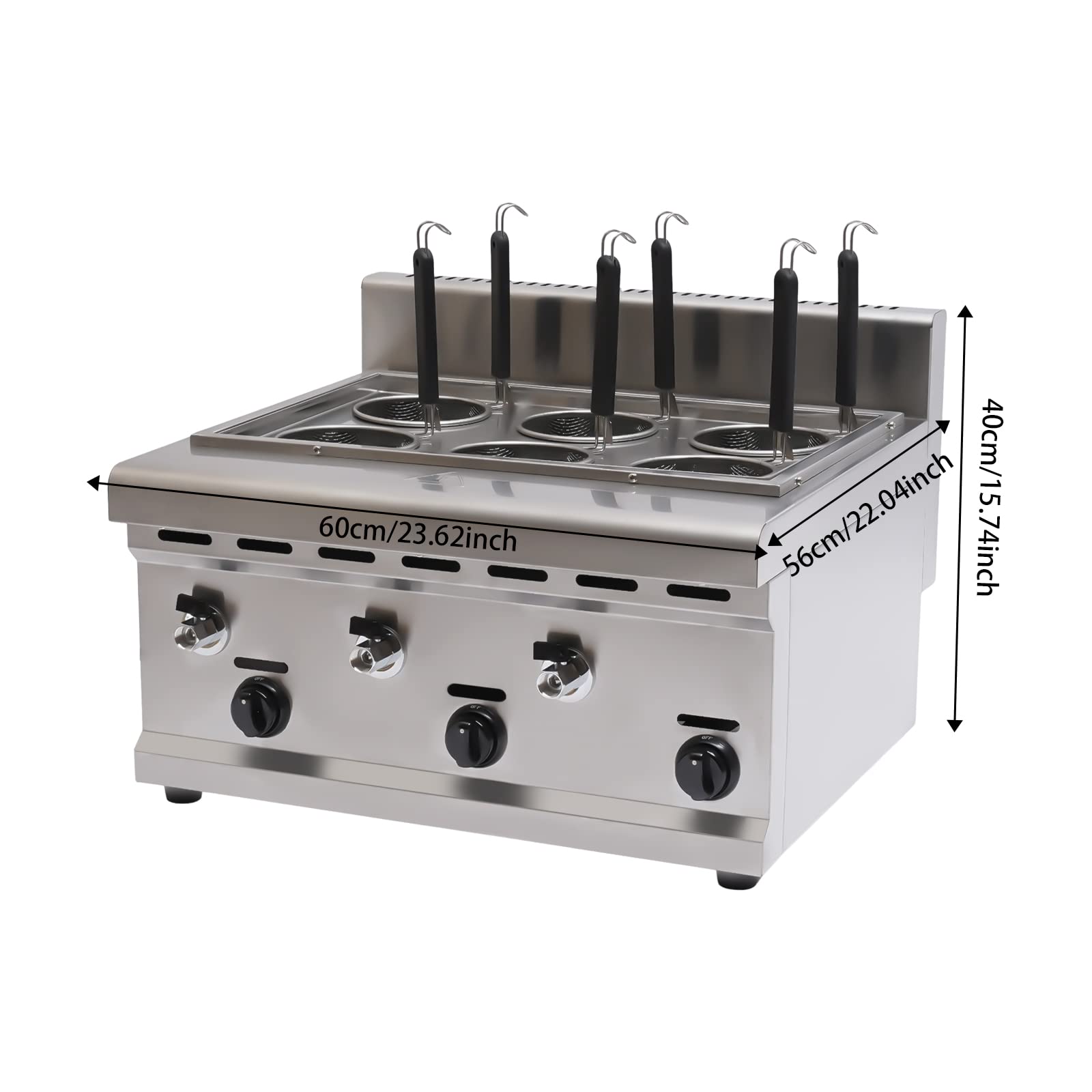 Commercial Pasta Cooker with 6 Strainer Baskets - LPG Gas Noodle Cooking Machine for Restaurants - 3 Compartments & 6 Noodle Filters - Perfect for Pasta, Ramen & Pho Preparation in Commercial Kitchens