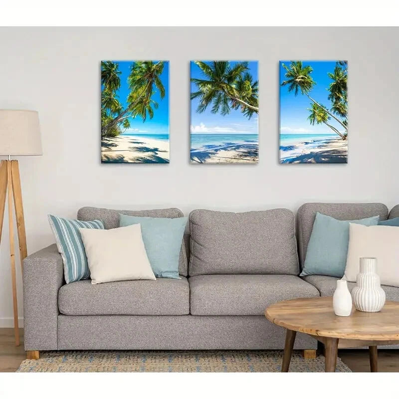 3-Piece Coastal Palm Tree & Ocean Seascape Metal Wall Art - Ready to Hang Beach Decor for Living Room, Bedroom & Office
