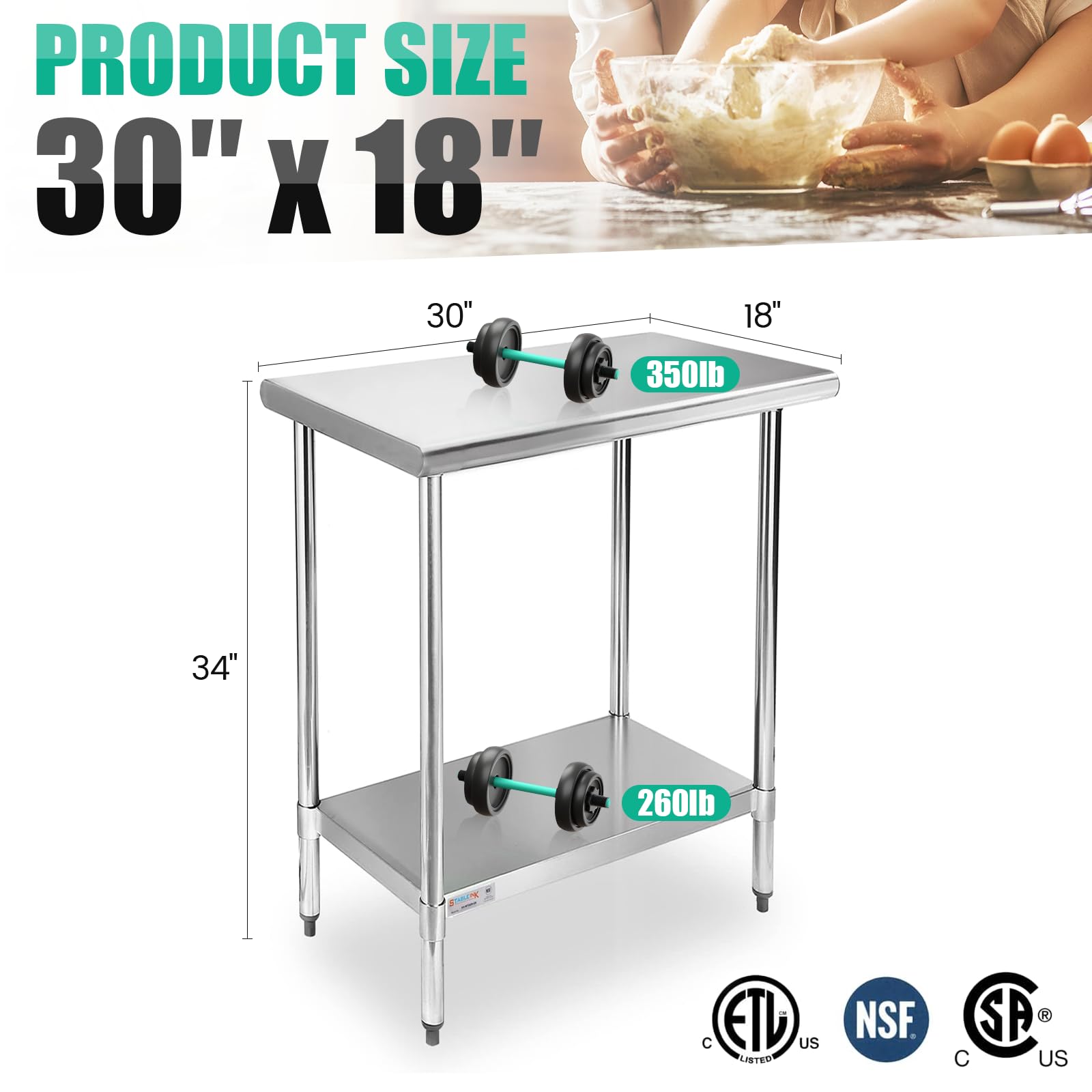 STABLEINK NSF Stainless Steel Work Table - 30 x 18 Inches Commercial Prep Table with Adjustable Undershelf | Heavy Duty Metal Table for Restaurant Kitchen, Hotel, Bakery & Garage Use | Perfect for Food Prep, Storage & Workshop Projects
