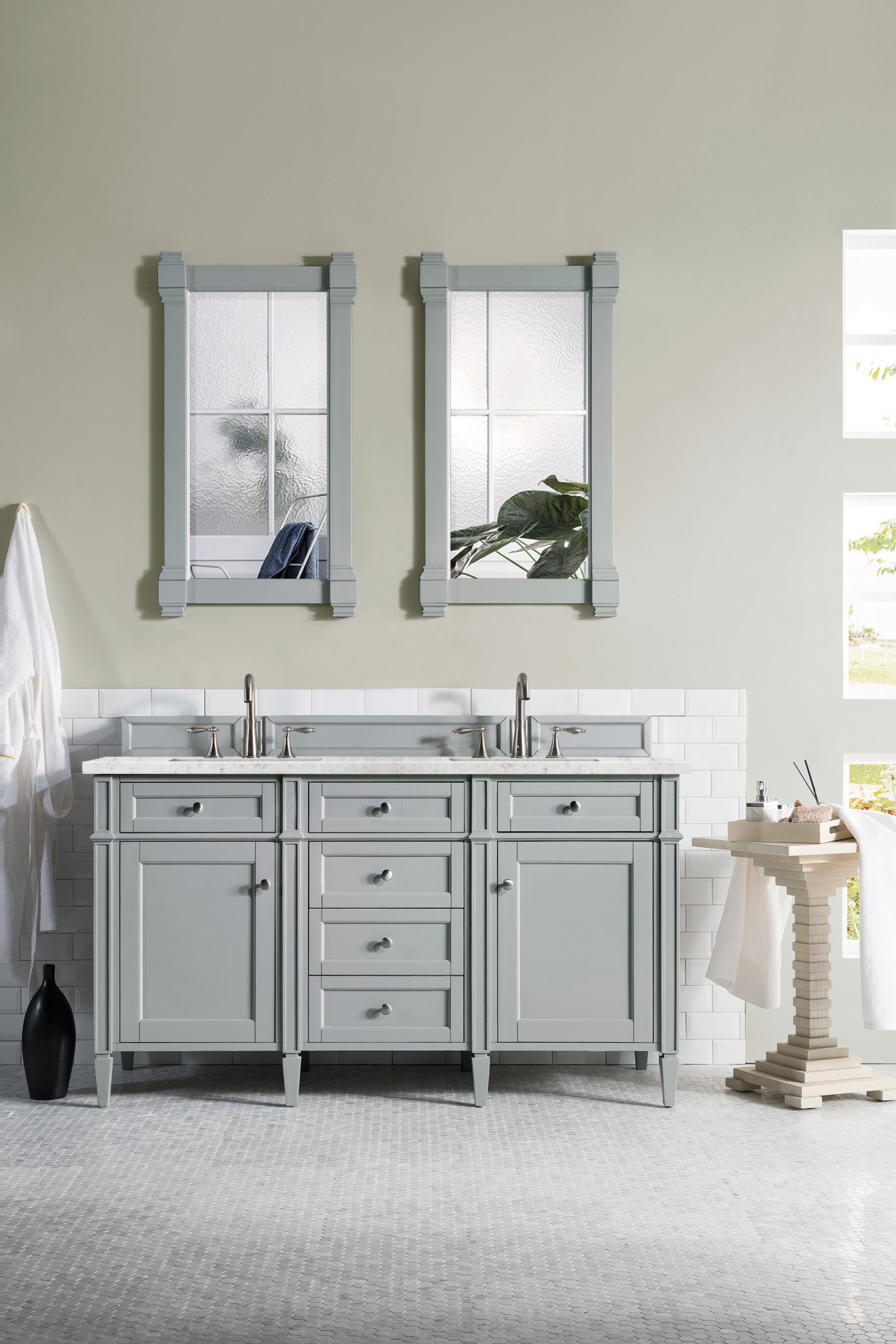 Brittany 60 Inch Urban Gray Double Bathroom Vanity with 3CM Eternal Jasmine Pearl Quartz Countertop - Perfect for Master Bathroom Renovation and Modern Home Decor