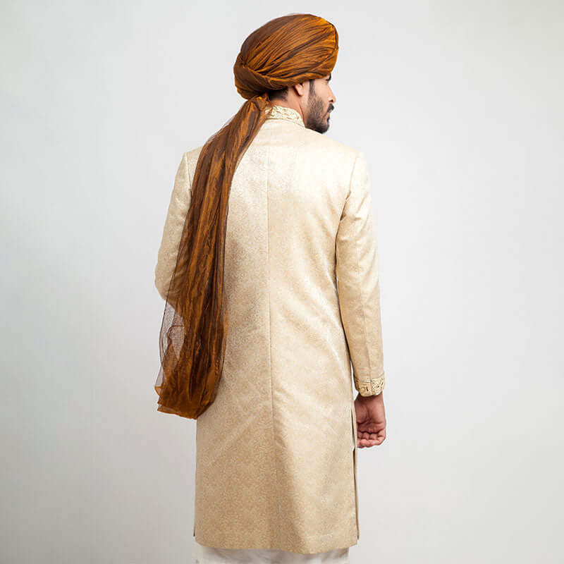 Luxury Beige Gold Pure Jamavar Silk Sherwani for Men | Handmade Indian Wedding Attire | Perfect for Groom, Groomsmen & Special Occasions