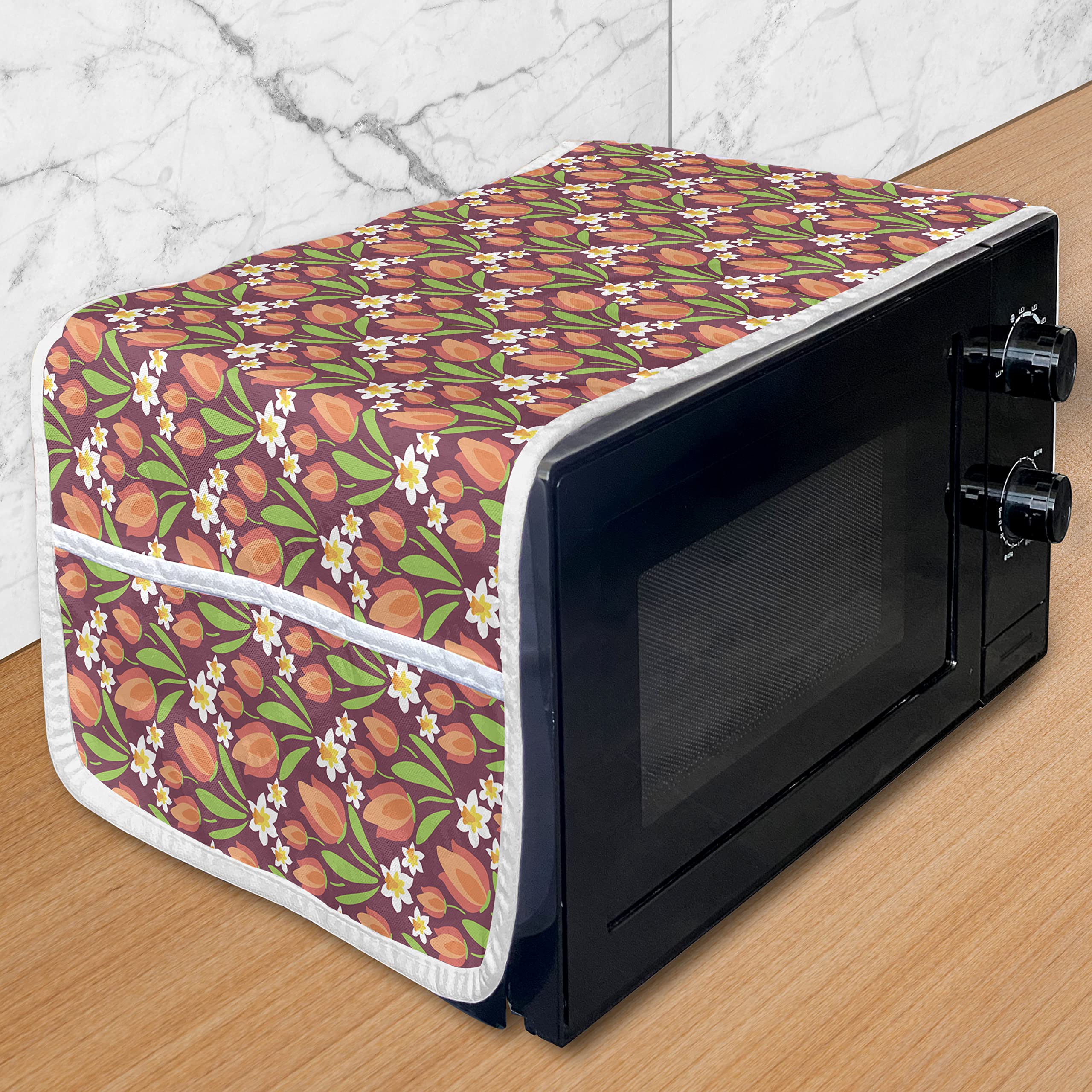 Ambesonne Floral Microwave Cover - Waterproof Kitchen Organizer with Pockets, 36
