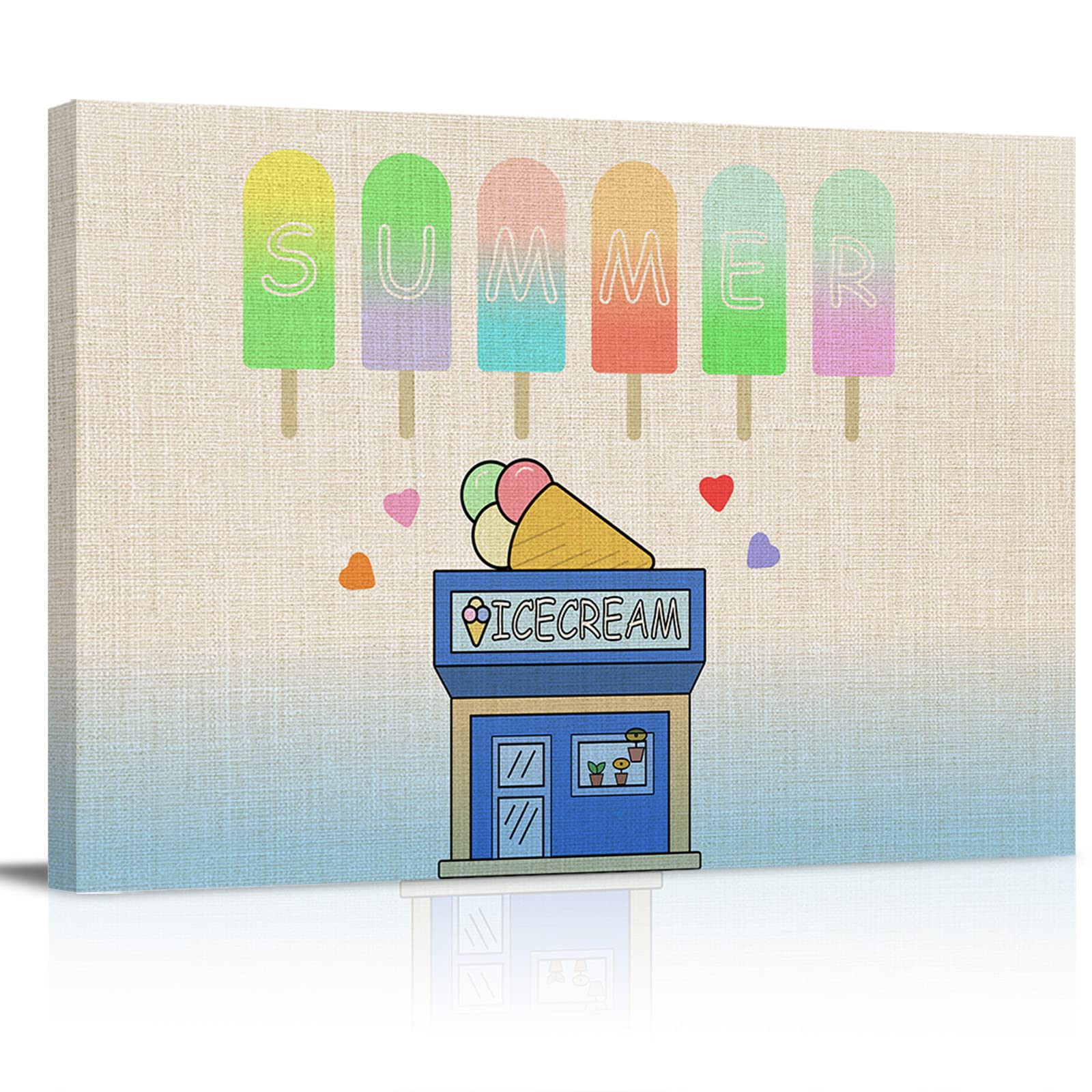 Sweet Ice Cream Summer Canvas Wall Art Print - Framed Wall Decoration for Bathroom, Bedroom & Home Decor | Popular Cool Snacks & Cold Drink Shop Painting | Stretched & Framed Artwork for Kitchen, Living Room & Office